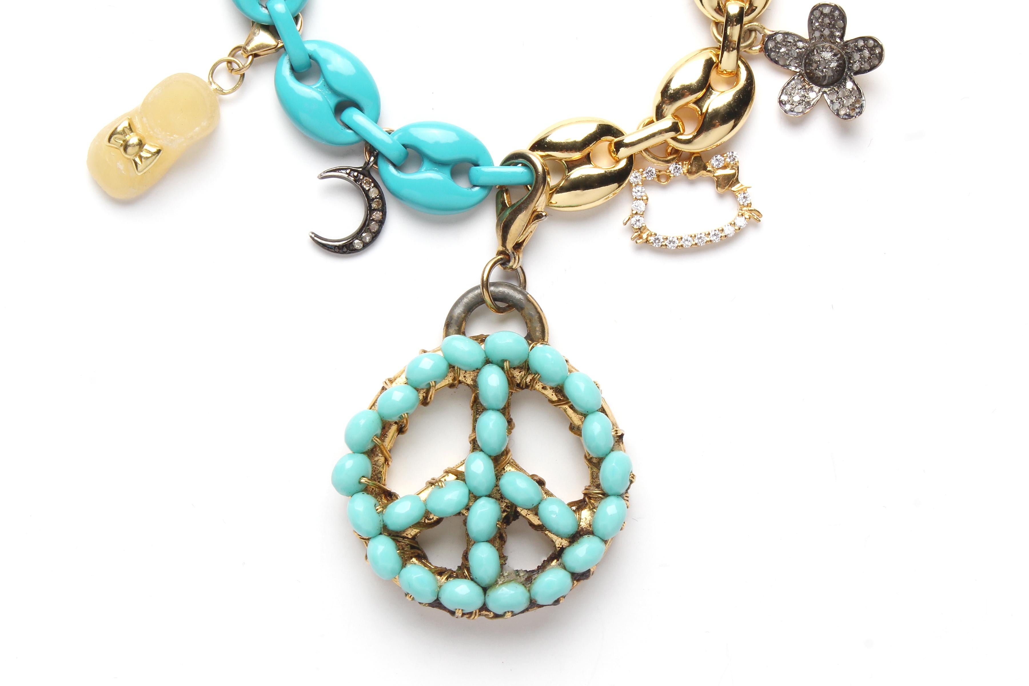 Taille mixte ClariSSA BRONFMAN Bracelet à maillons nautiques en or, émail, turquoise et diamants en vente