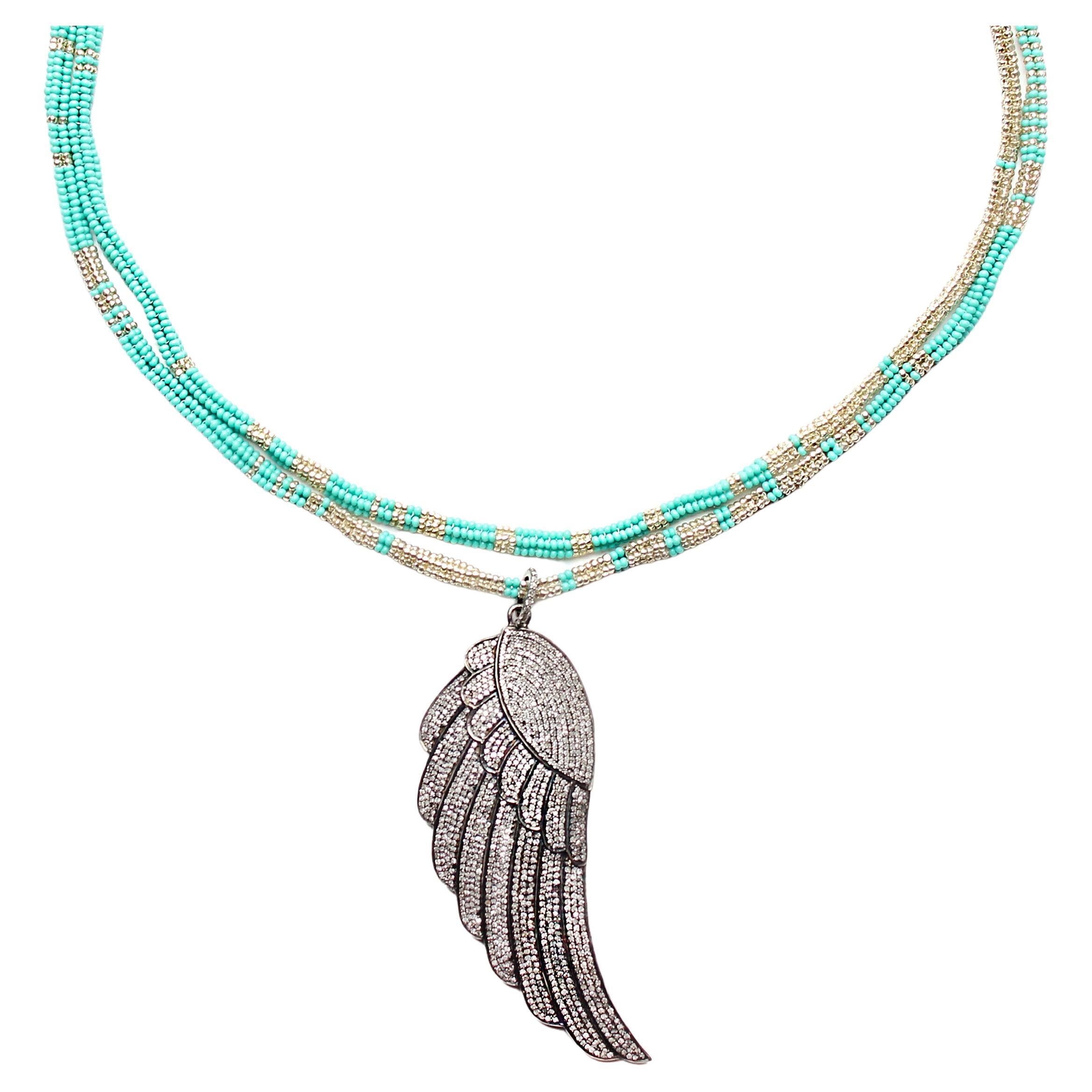 CLARISSA BRONFMAN Turquoise Silver "Alonso" Necklace & Large Diamond Angel Wing For Sale