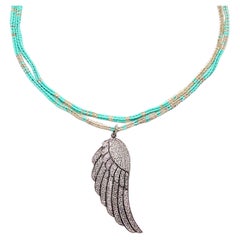 CLARISSA BRONFMAN Turquoise Silver "Alonso" Necklace & Large Diamond Angel Wing