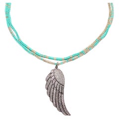CLARISSA BRONFMAN Turquoise Silver "Alonso" Necklace & Large Diamond Angel Wing