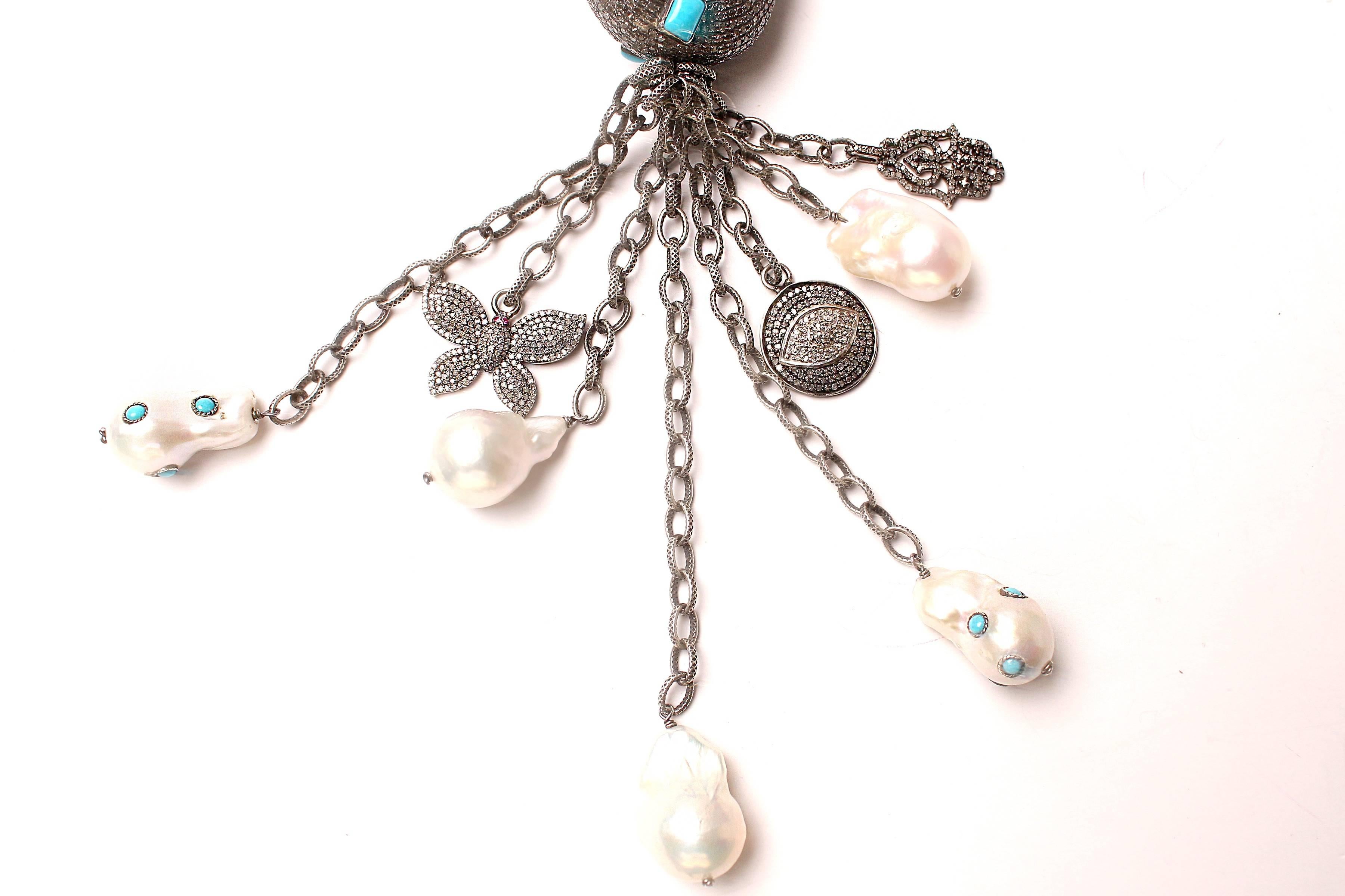 Silver Chain, Diamonds, Turquoise, Pearl.