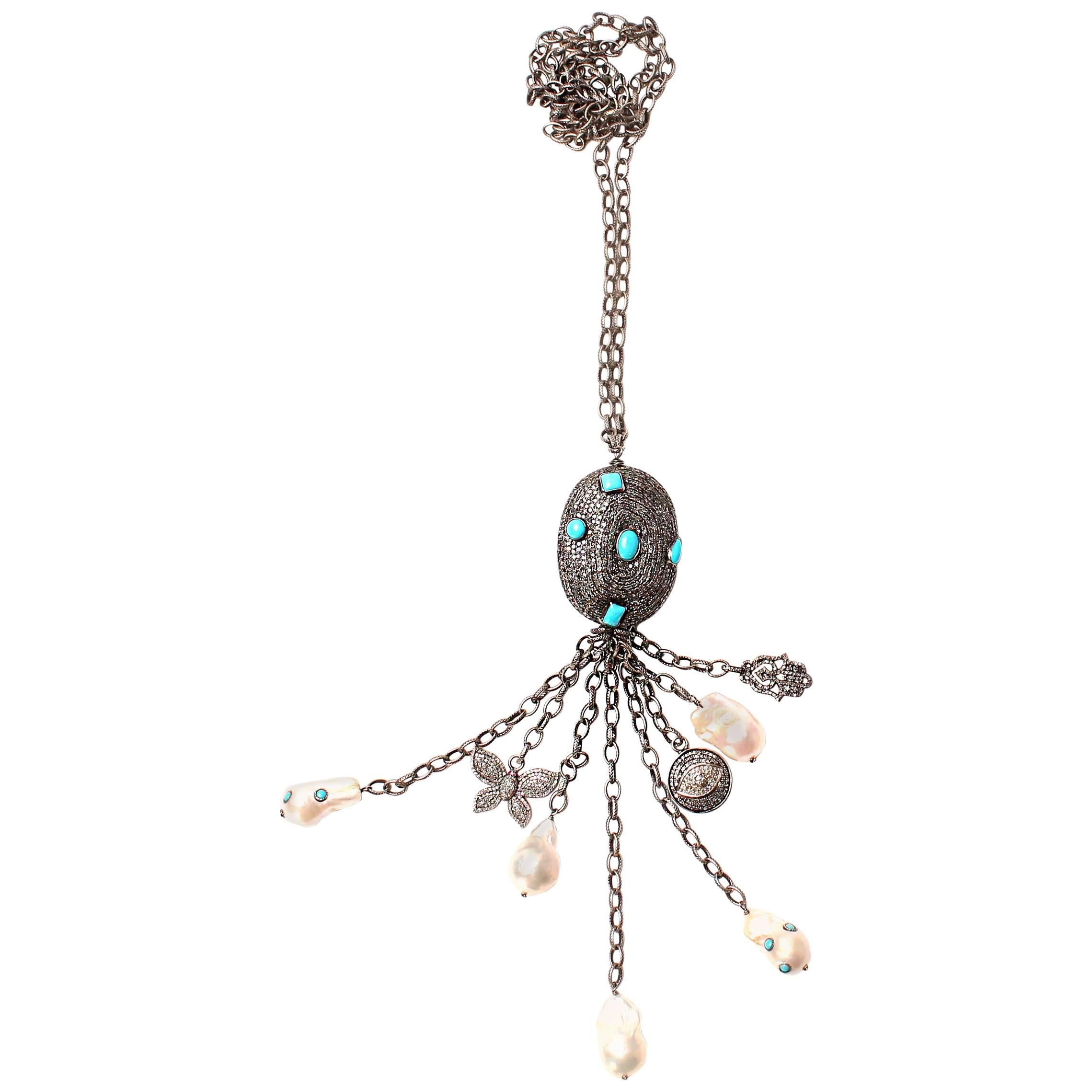 Clarissa Bronfman Turquoise, Silver, Diamond, Pearl Necklace