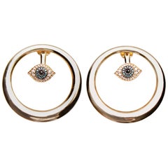 Pendientes de aro de mal de ojo de oro amarillo macizo de 14k con diamantes y zafiros