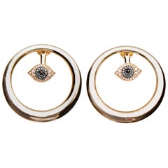 14k Solid Yellow Gold Evil Eye Hoop Earrings with Diamonds & Sapphires