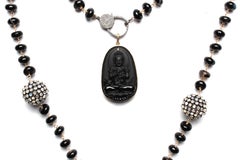 Clarissa Bronmfan Smoky Black Agate Opal Diamond Rosary & Blue Gold Agate Cross