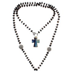 Clarissa Bronmfan Smoky Black Agate Opal Diamond Rosary & Blue Gold Agate Cross