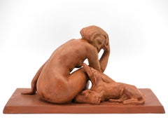 Clarisse Levy Kinsbourg Scultura in terracotta Art Deco Giovane Ragazza e Levriero