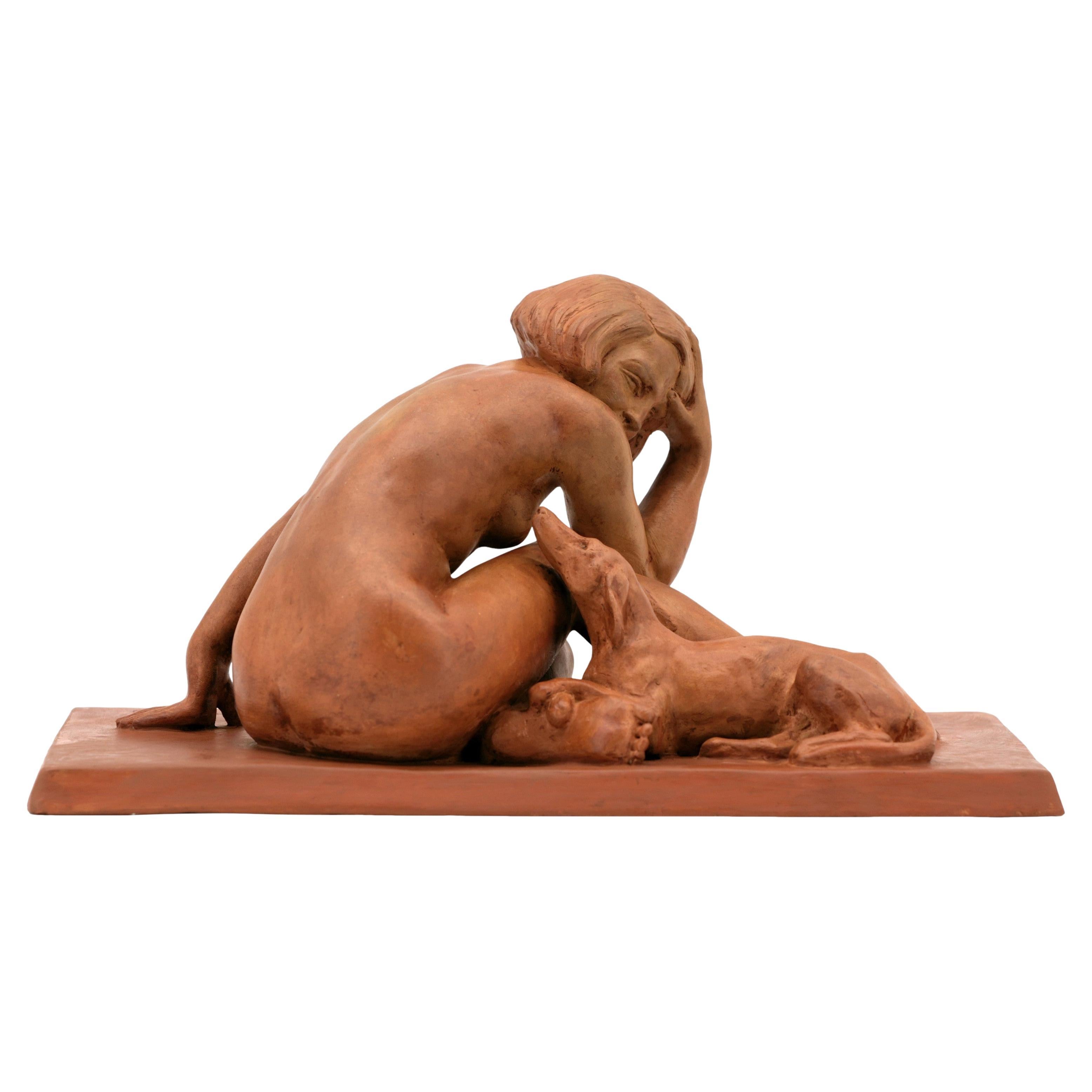 Clarisse Levy Kinsbourg Scultura in terracotta Art Deco Giovane Ragazza e Levriero
