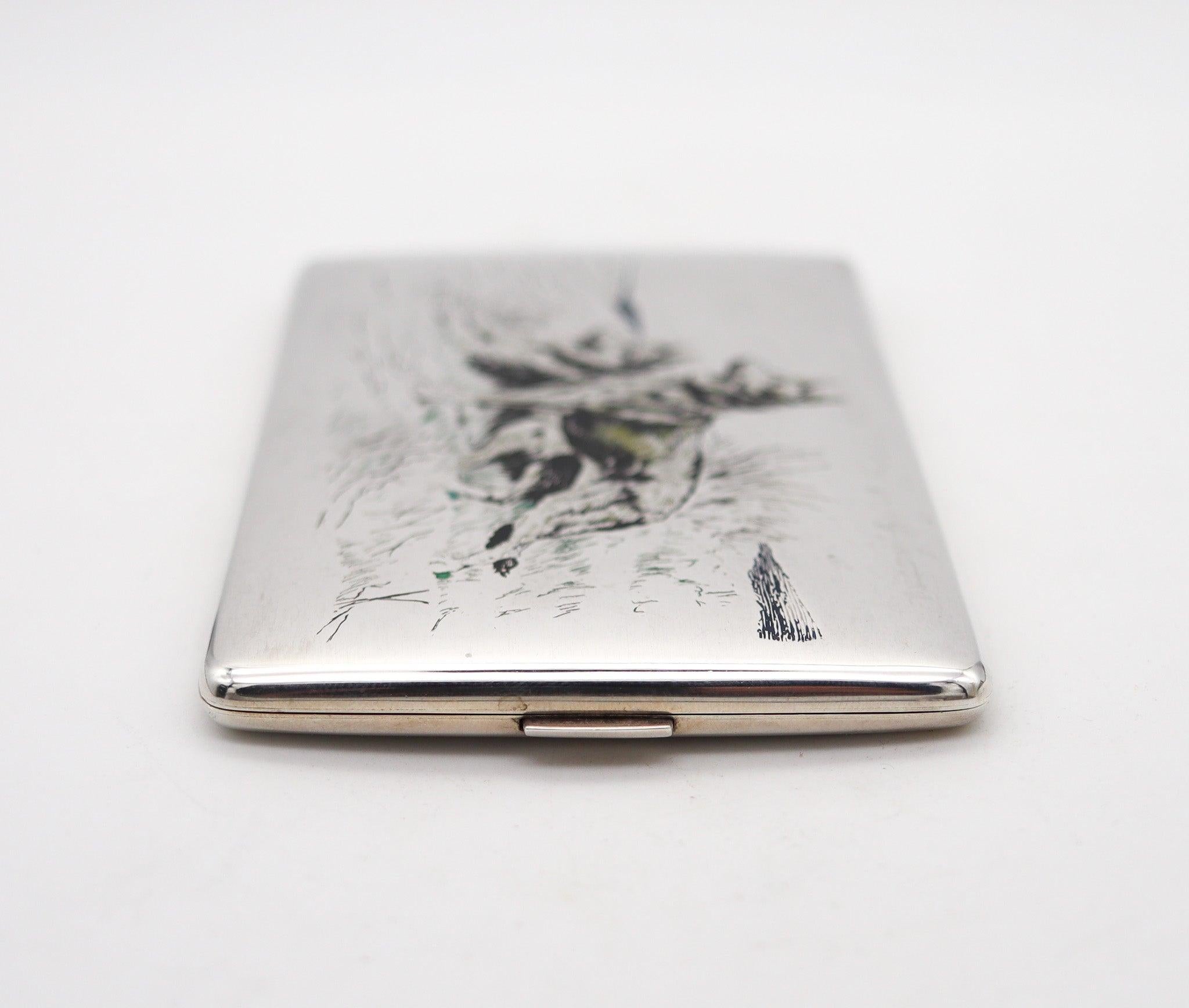North American CLARK 1926 Art Deco Enameled Dogs Cigarette Case In .925 Sterling Silver