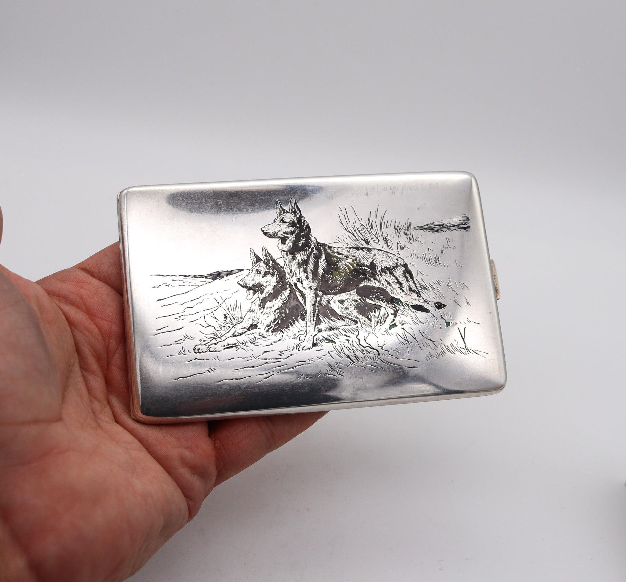CLARK 1926 Art Deco Enameled Dogs Cigarette Case In .925 Sterling Silver 1
