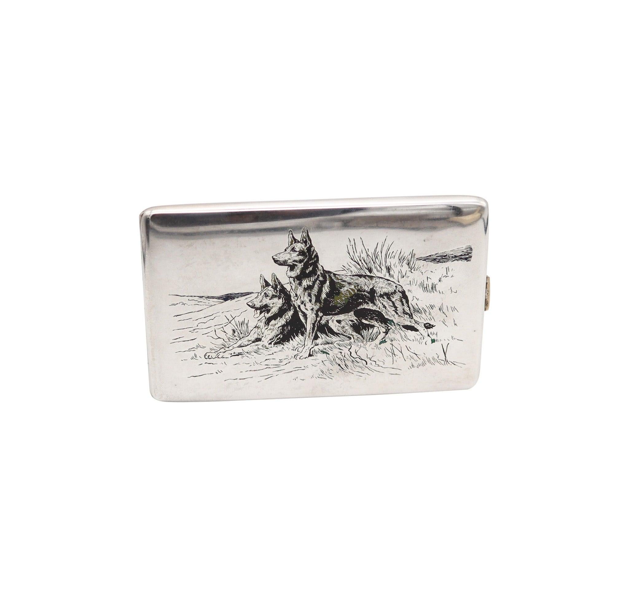 CLARK 1926 Art Deco Enameled Dogs Cigarette Case In .925 Sterling Silver 2