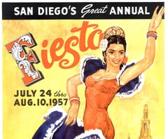 Poster d'epoca della Fiesta di San Diego del 1957, litografia originale Clark-Allen Mid-Century.