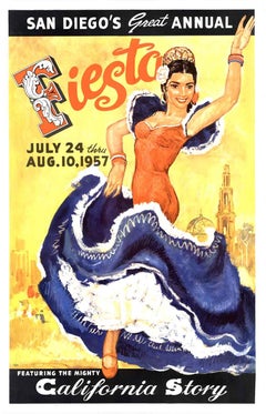 Poster d'epoca della Fiesta di San Diego del 1957, litografia originale Clark-Allen Mid-Century.