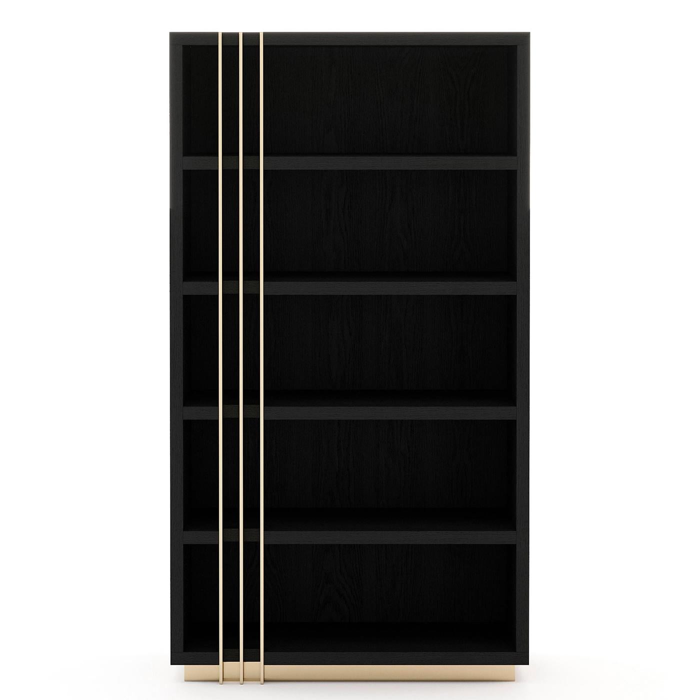 Bookcase Clark Black Ash with structure in ash venner
in black matte finish, with 3 vertical polished stainless steel 
trims in gold finish.
Also available in ebony matte finish, or grey oak matte finish,
Or natural oak finish, or rosewood matte