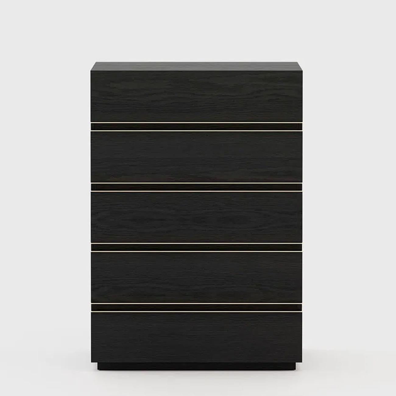 Chest of drawers Clark black ash high with structure
in ash wood in blackened matte finish. With polished
stainless steel trims in gold finish. Including 5 drawers
with easy glide system.
Also available with other finishes on request.