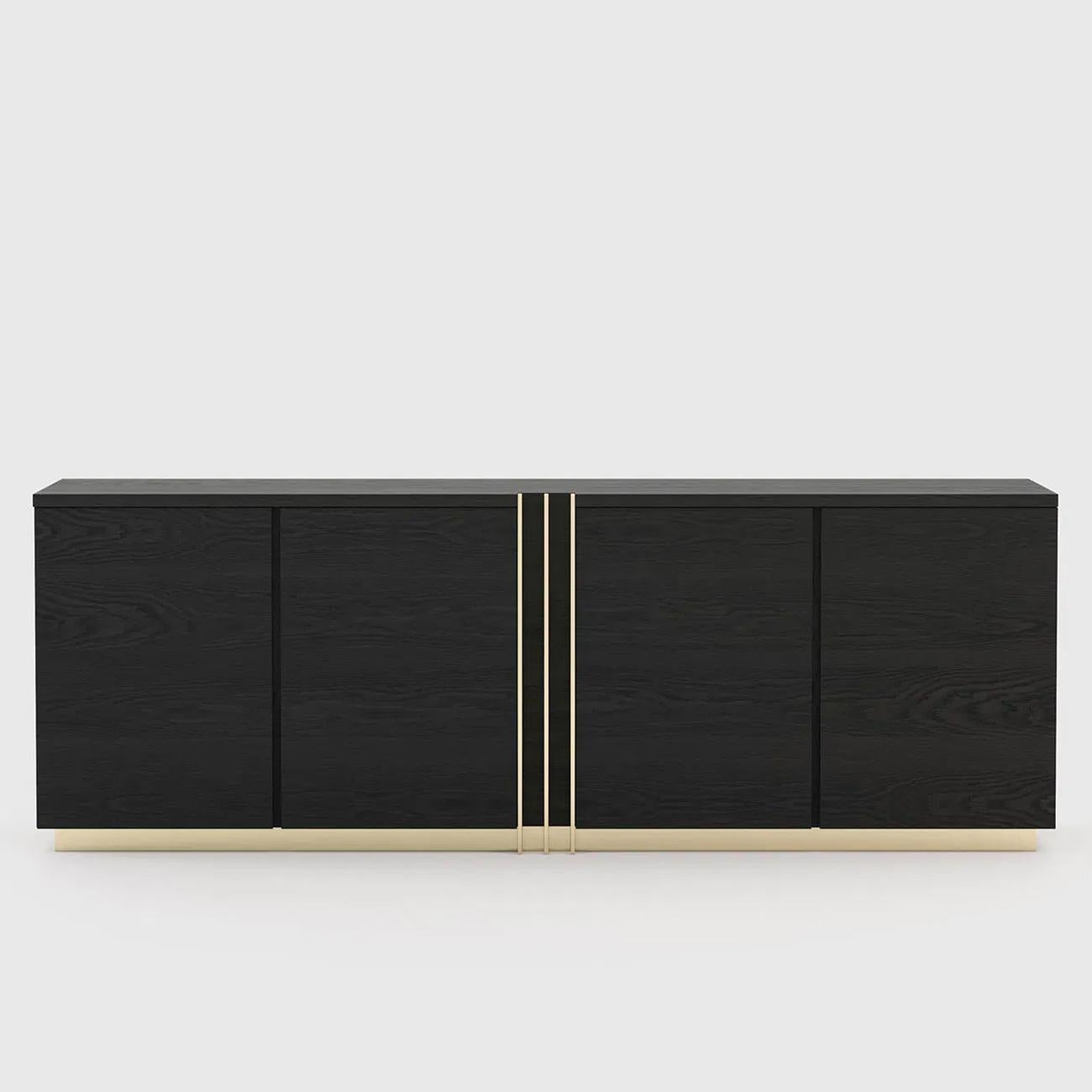 Sideboard Clark black ash with structure in ash wood
in blackened matte finish. with polished stainless steel
trims in gold finish, sideboard with 4 doors with shelves
inside. Also available in other finishes on request.