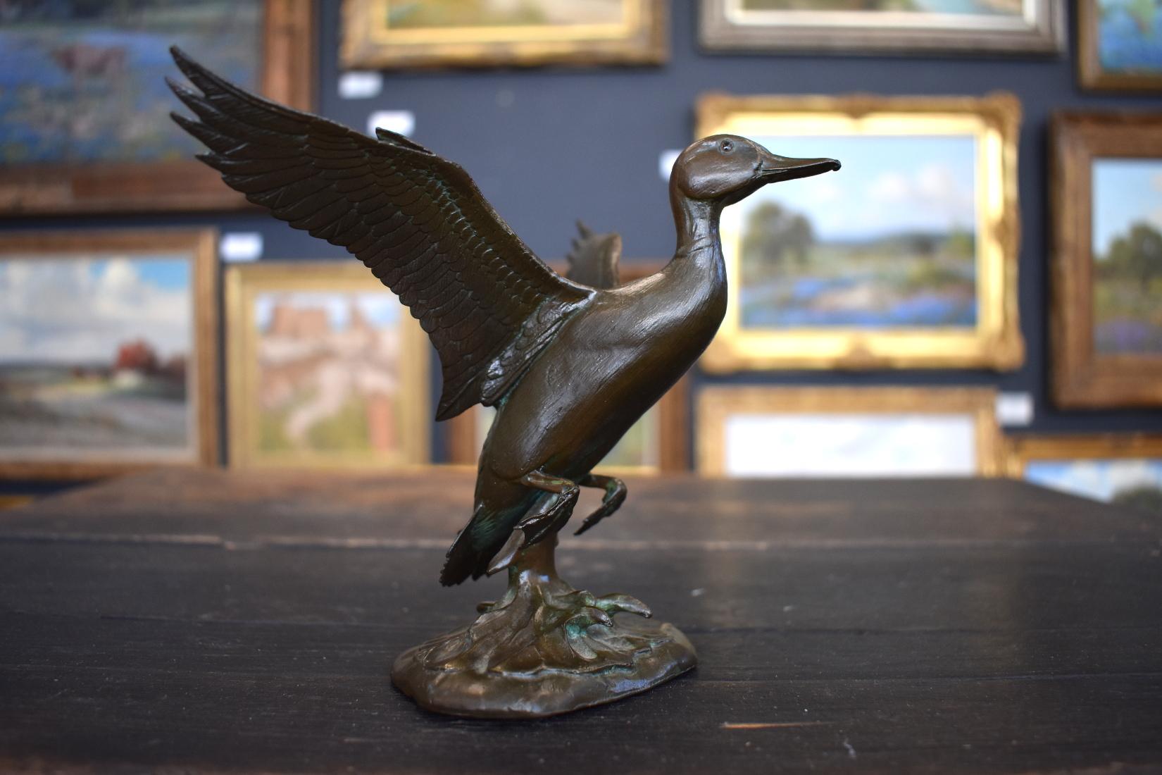 Clark Bronson Figurative Sculpture - "Duck in Flight"  Utah Wild Life Artist Bronze