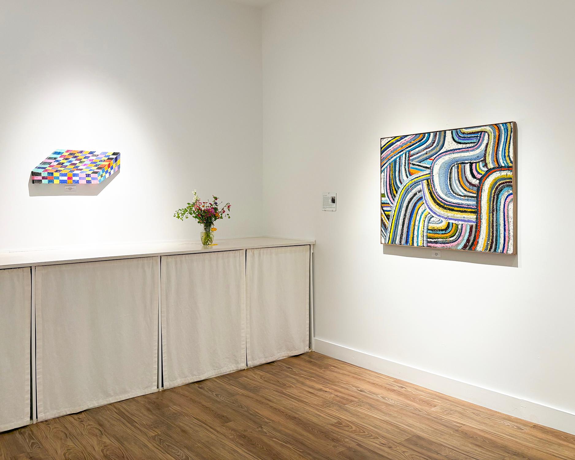 Colorful, abstract painting inspired by Frank Stella in rainbow and pastel encaustic
