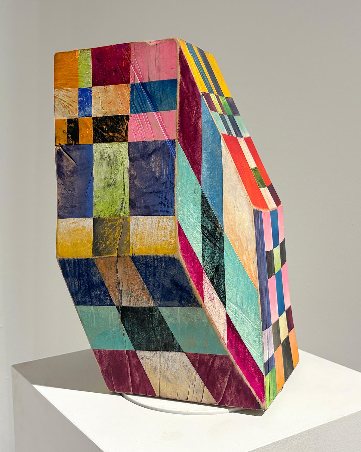 Colorful, abstract wood sculpture inspired by Frank Stella in rainbow and technicolor gouache and acrylic 
