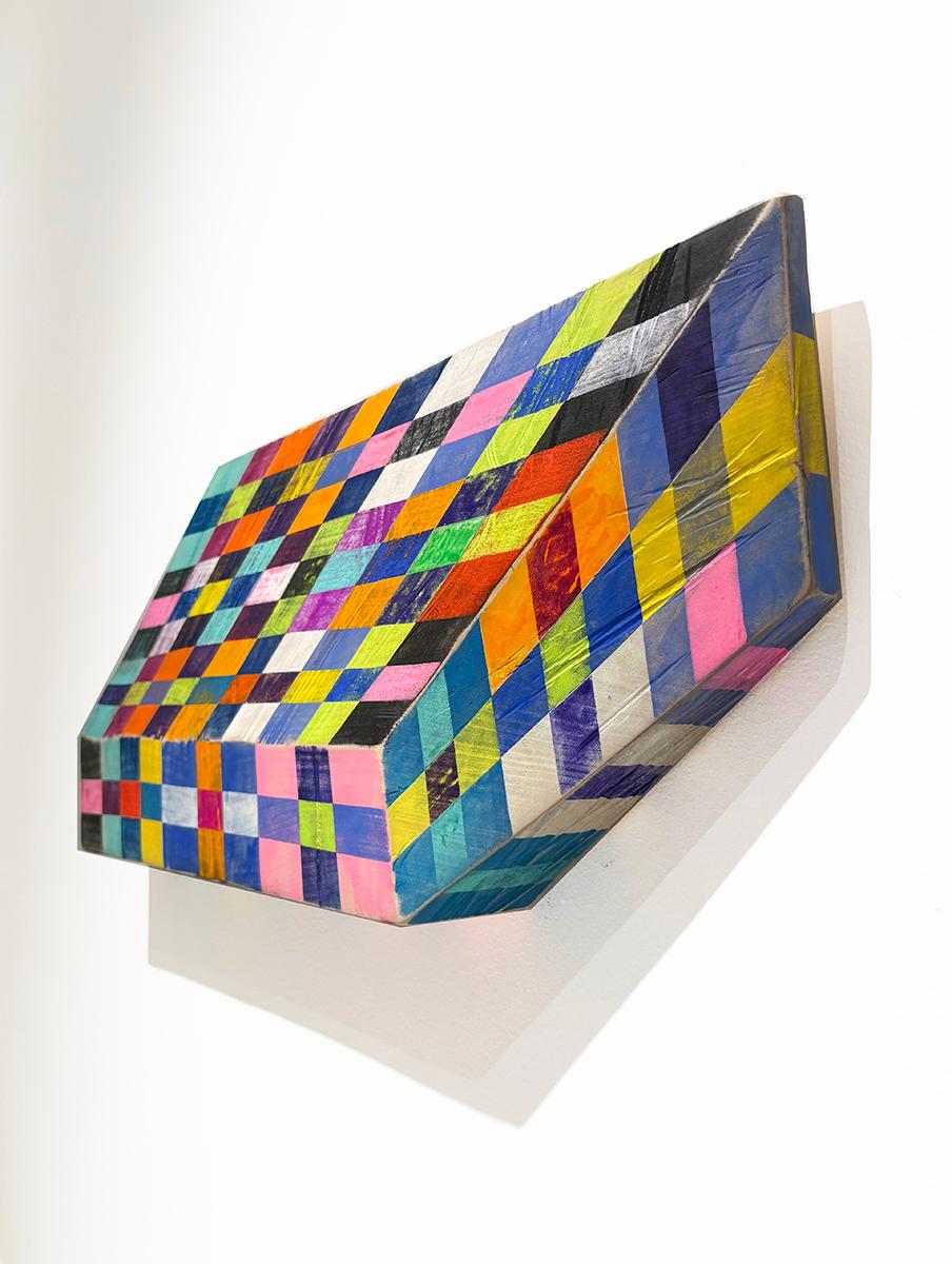 Colorful, abstract geometric wood wall sculpture inspired by Frank Stella in rainbow and technicolor gouache and acrylic 
