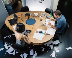 Clark Dining Table with Oak Top and Blue Lacquer Legs