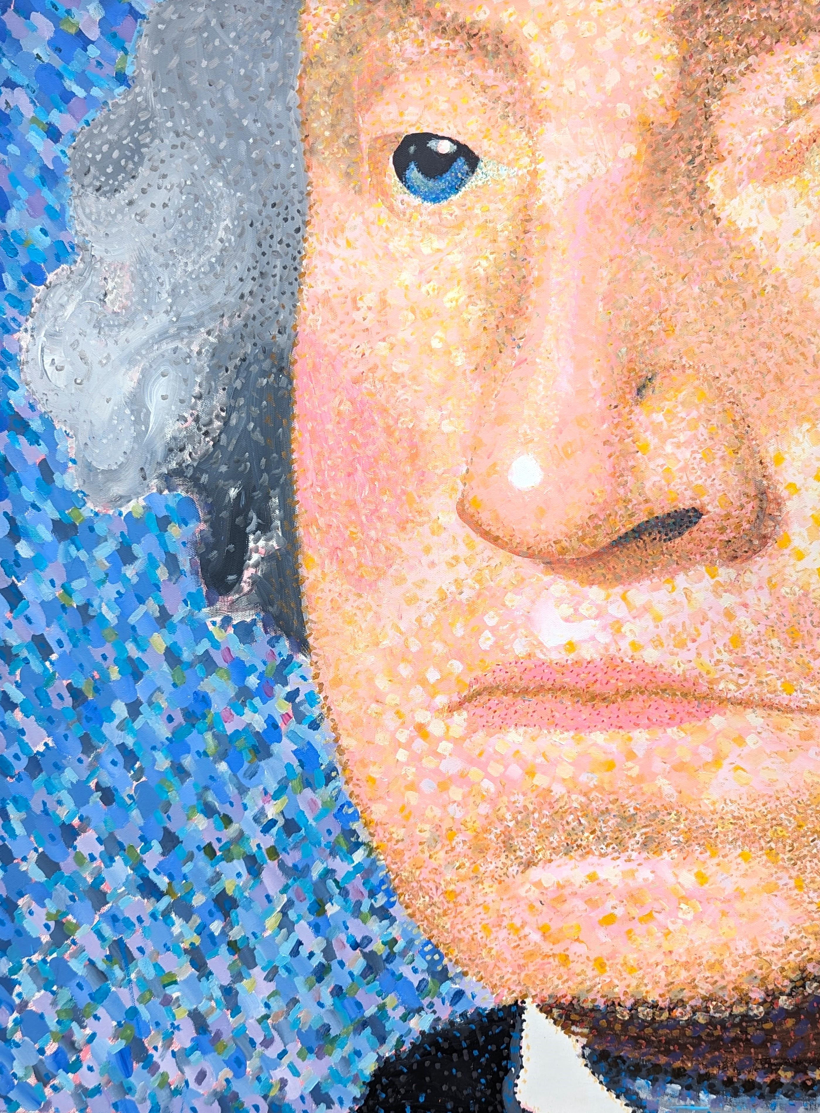 Moderno ritratto in tonalità blu di Georges Washington realizzato dall'artista texano Clark Fox. L'opera presenta un'intricata rappresentazione dell'ex presidente utilizzando il puntinismo, la pratica di applicare piccoli tratti o punti di colore a