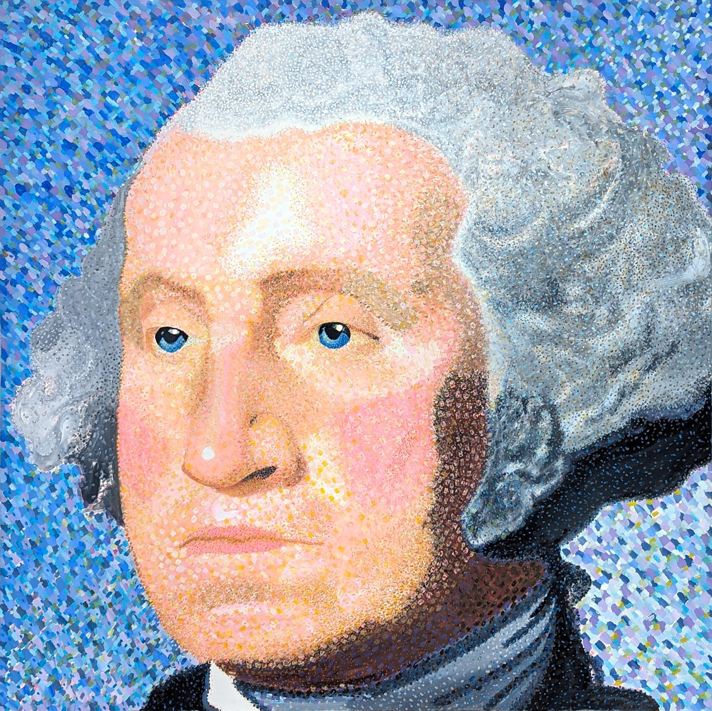 Clark Fox Portrait Painting - "Gigantic George" Modern Blue Toned Pointillist Figurative President Portrait 