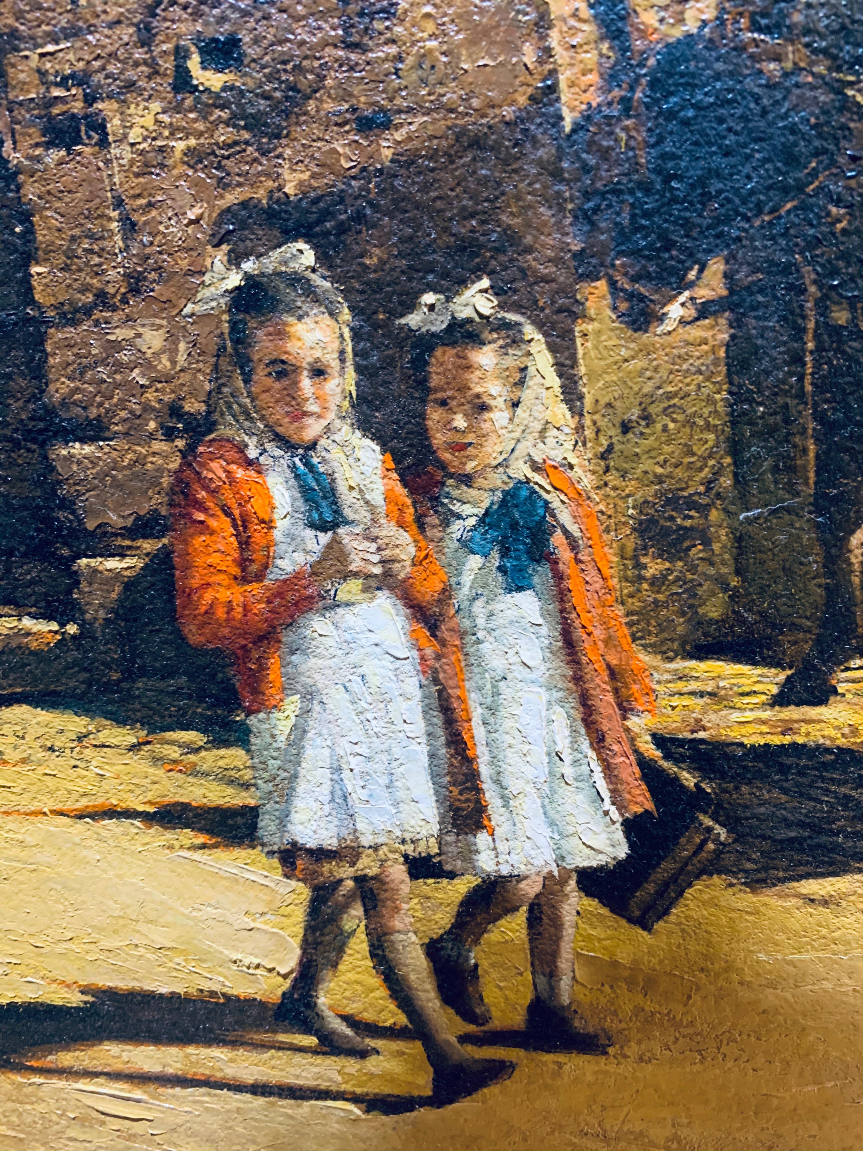 Clark Hulings (1922-2011) was an American realist painter. In his early life, he was exposed to different marketplaces, historic ruins, and landscapes of Europe which then influenced him to paint later in life.

This realist painting is of 2 young