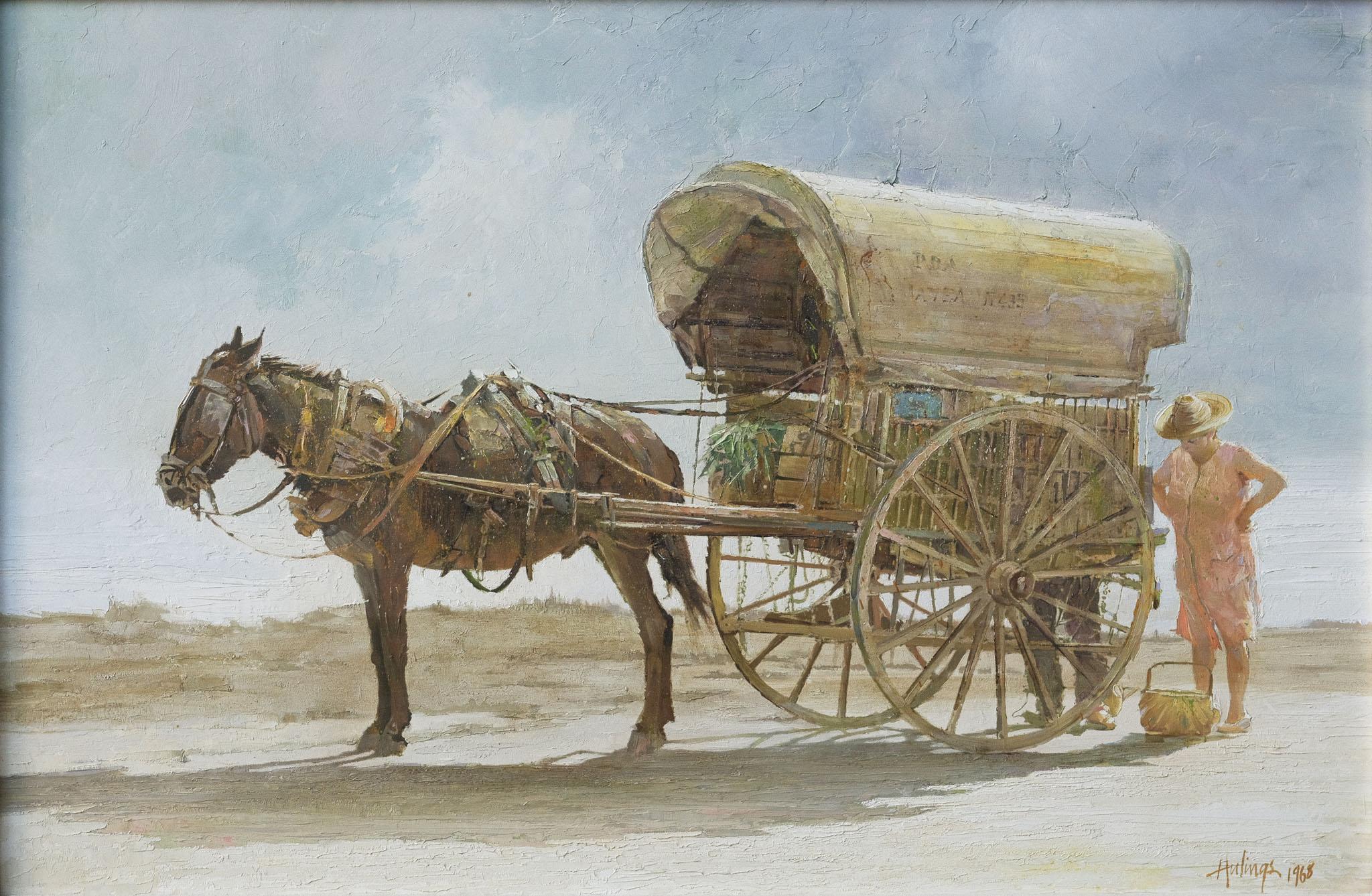 Clark Hulings Landscape Painting - "Vegetable Man" Framed Western Oil Painting of Mule or Horse and Covered Wagon