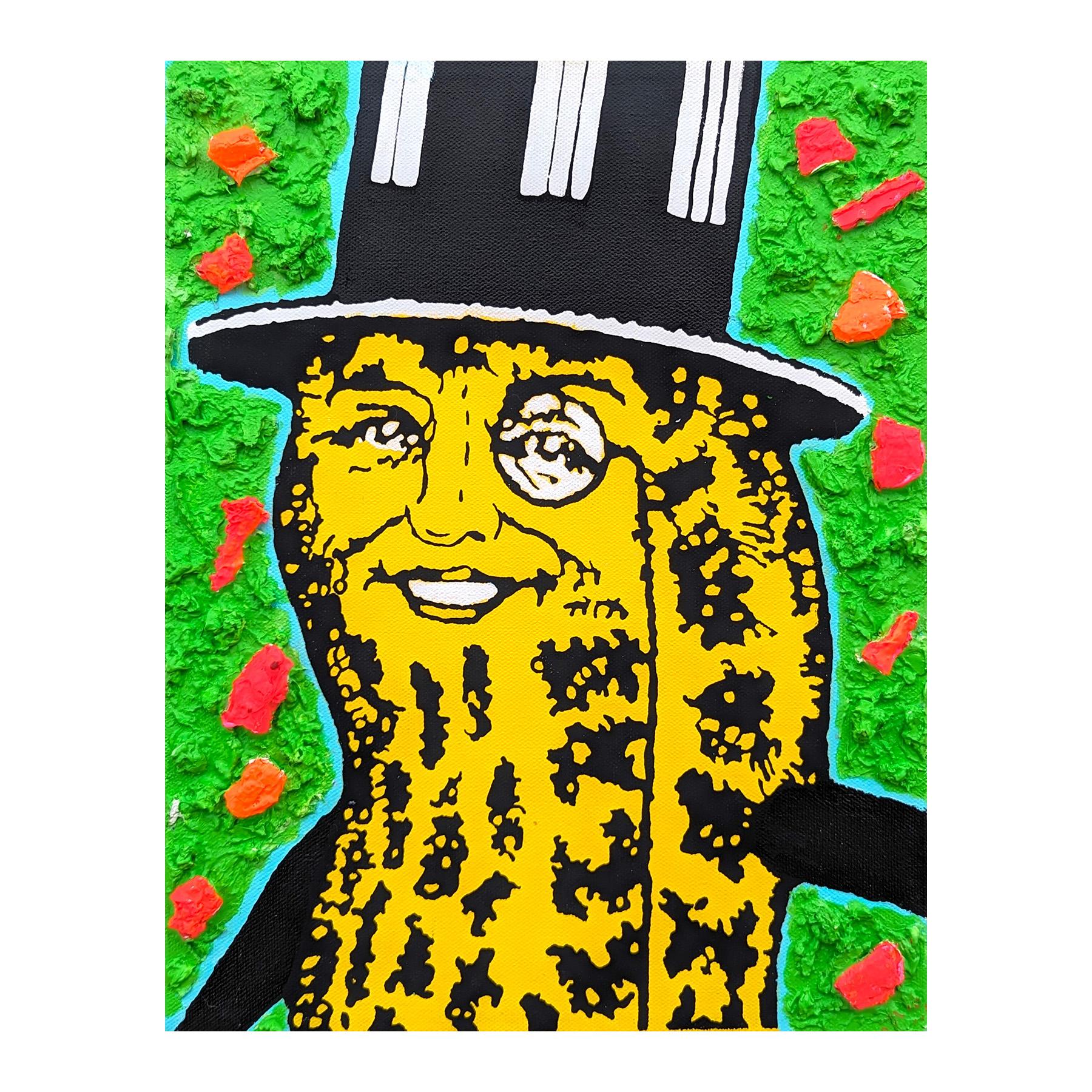 Contemporary pop culture inspired painting by Texas born artist Clark Fox. The work features Mr. Peanut set against a thick background of neon green and pink mound of paint. Currently unframed, but options are available. 

Artist Biography: Clark V.