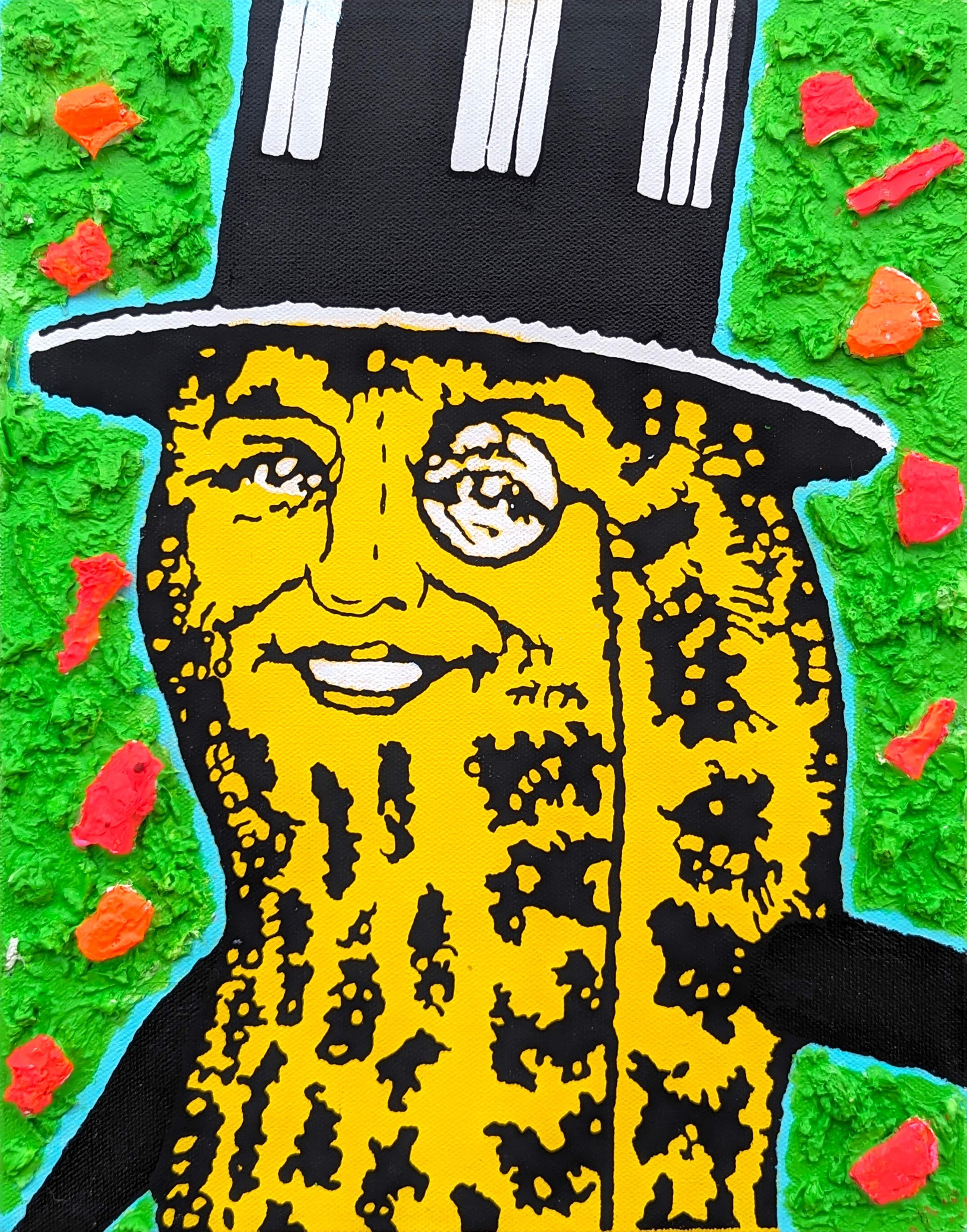 Clark V. Fox Portrait Painting - "2001 Kabal" Contemporary Neon Pop Culture Painting of Mr. Peanut Against Green 