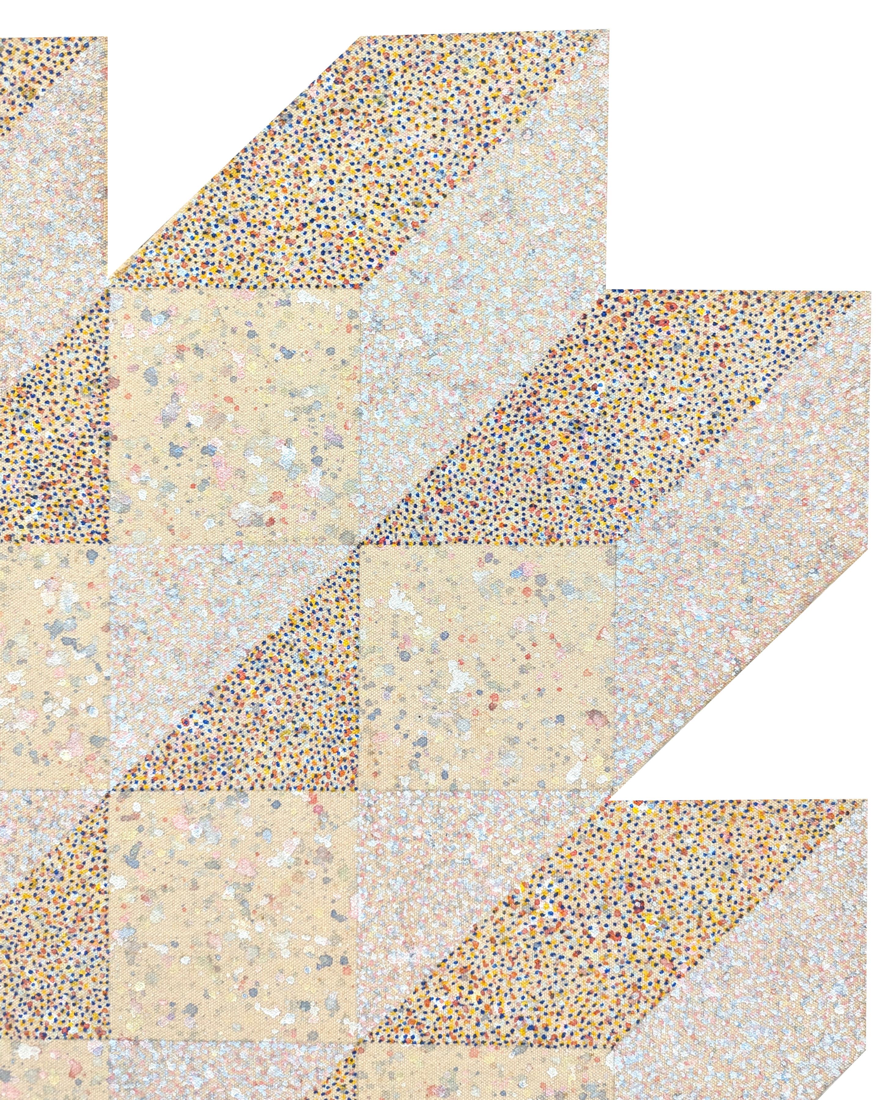 Modernes abstraktes Gemälde in Pastellrosa des in Texas geborenen Künstlers Clark Fox. Das Werk zeigt ein kompliziertes geometrisches Muster aus Punkten auf einer geformten Leinwand. Rückseitig betitelt und datiert. Derzeit ungerahmt, aber Optionen