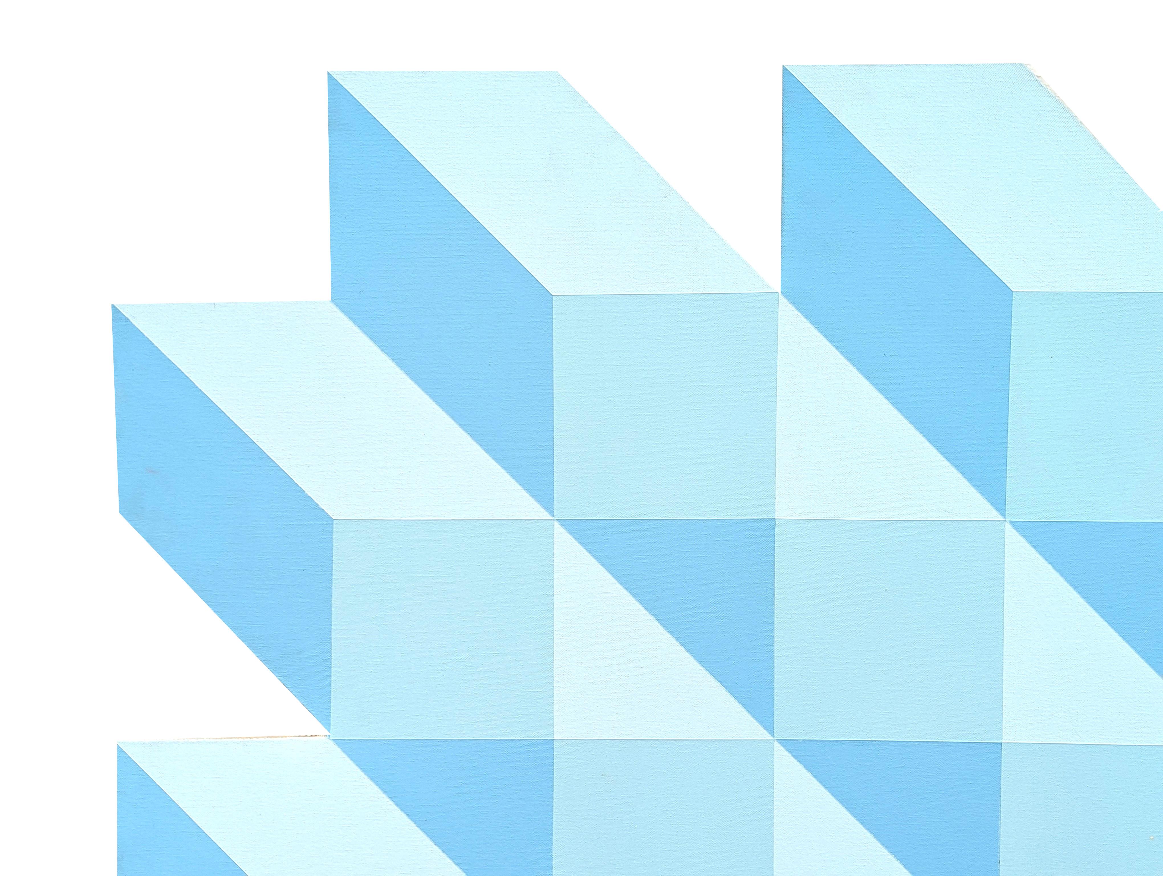 Modern pastel blue abstract painting by Texas born artist Clark Fox. The work features an intricate geometric pattern in various tones of light blue against a shaped canvas. Currently unframed, but options are available. 

Artist Biography: Clark V.