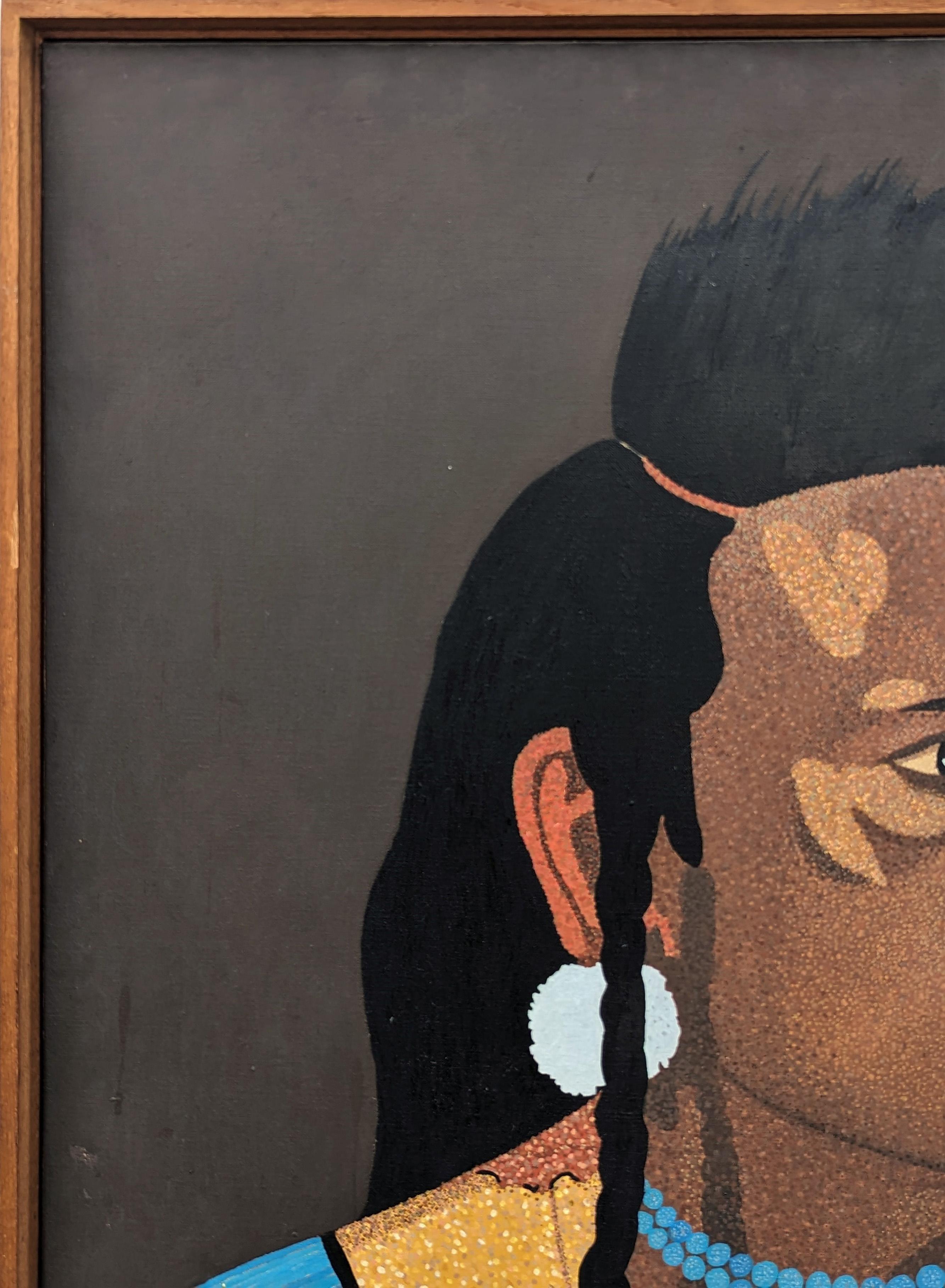 Modern portrait painting of a Native American figure by Texas born artist Clark Fox. The work features an intricate depiction of the figure using pointillism, the practice of applying small strokes or dots of color to a surface so that from a