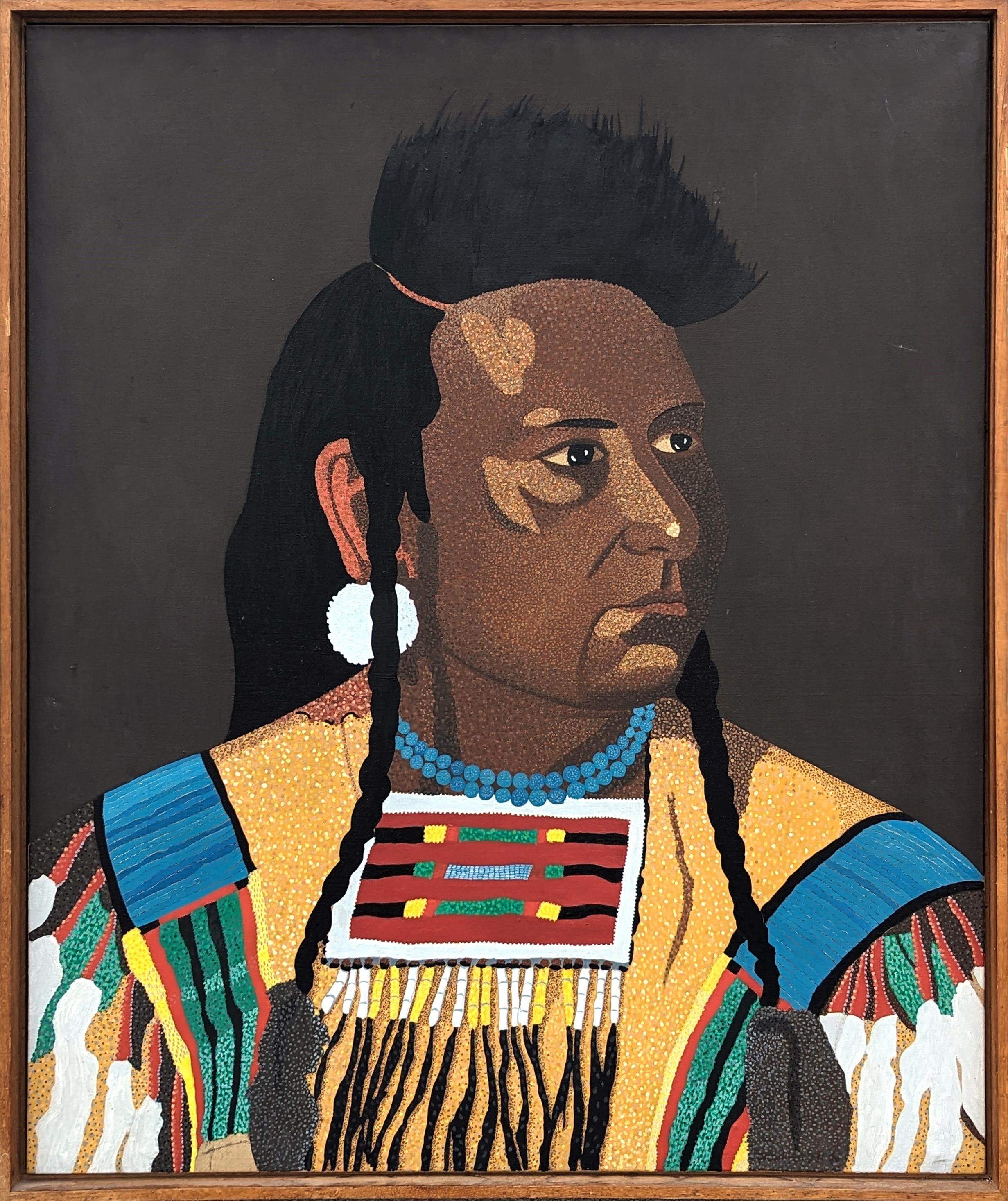 Clark V. Fox Figurative Painting - "Chief Joseph" Modern Pointillist Figurative Portrait of Native American Figure 