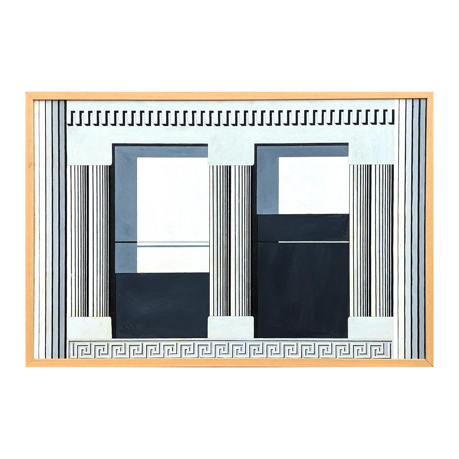 Modern grey and black toned landscape painting by Texas born artist Clark Fox. The work features a clean-lined, geometric rendering of an architectural façade in shadow. Currently hung in a light wood floating frame. 

Dimensions Without Frame: H 24