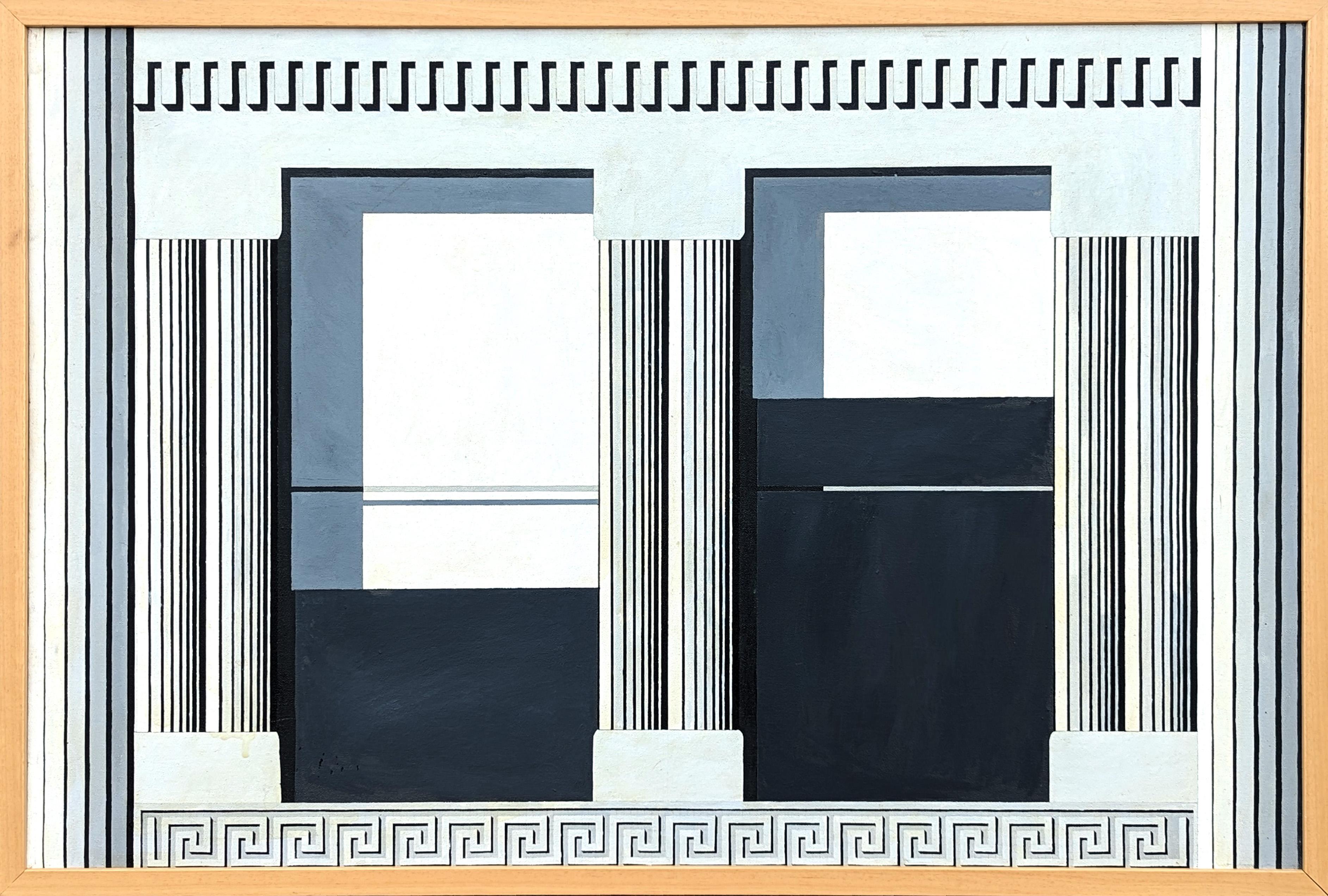 "The Window" peinture moderne d'une façade architecturale dans les tons gris et noirs.