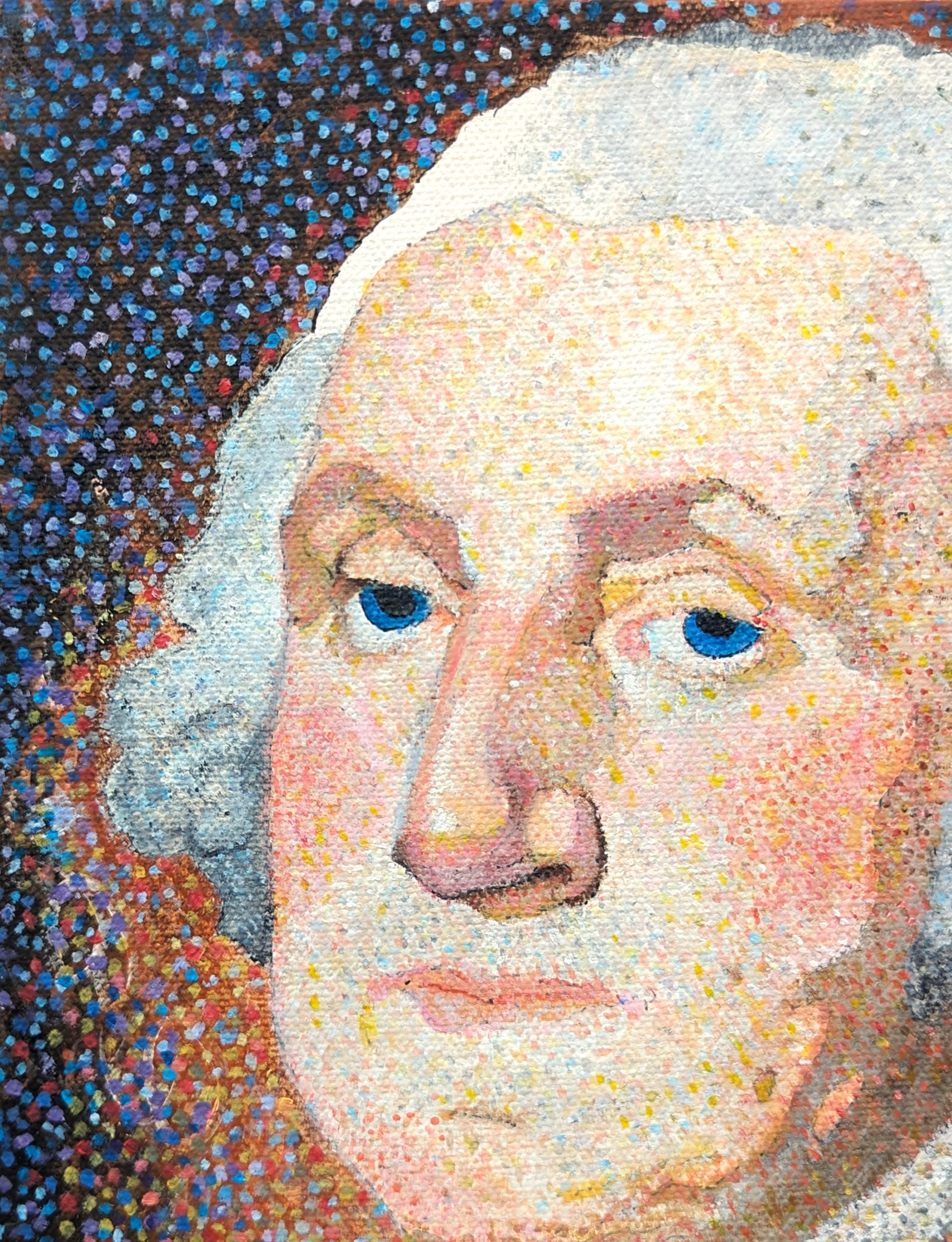Modern portrait of George Washington painted on September 11th, 2001 by Texas born artist Clark Fox. The work features an intricate depiction of the former president using pointillism, the practice of applying small strokes or dots of color to a