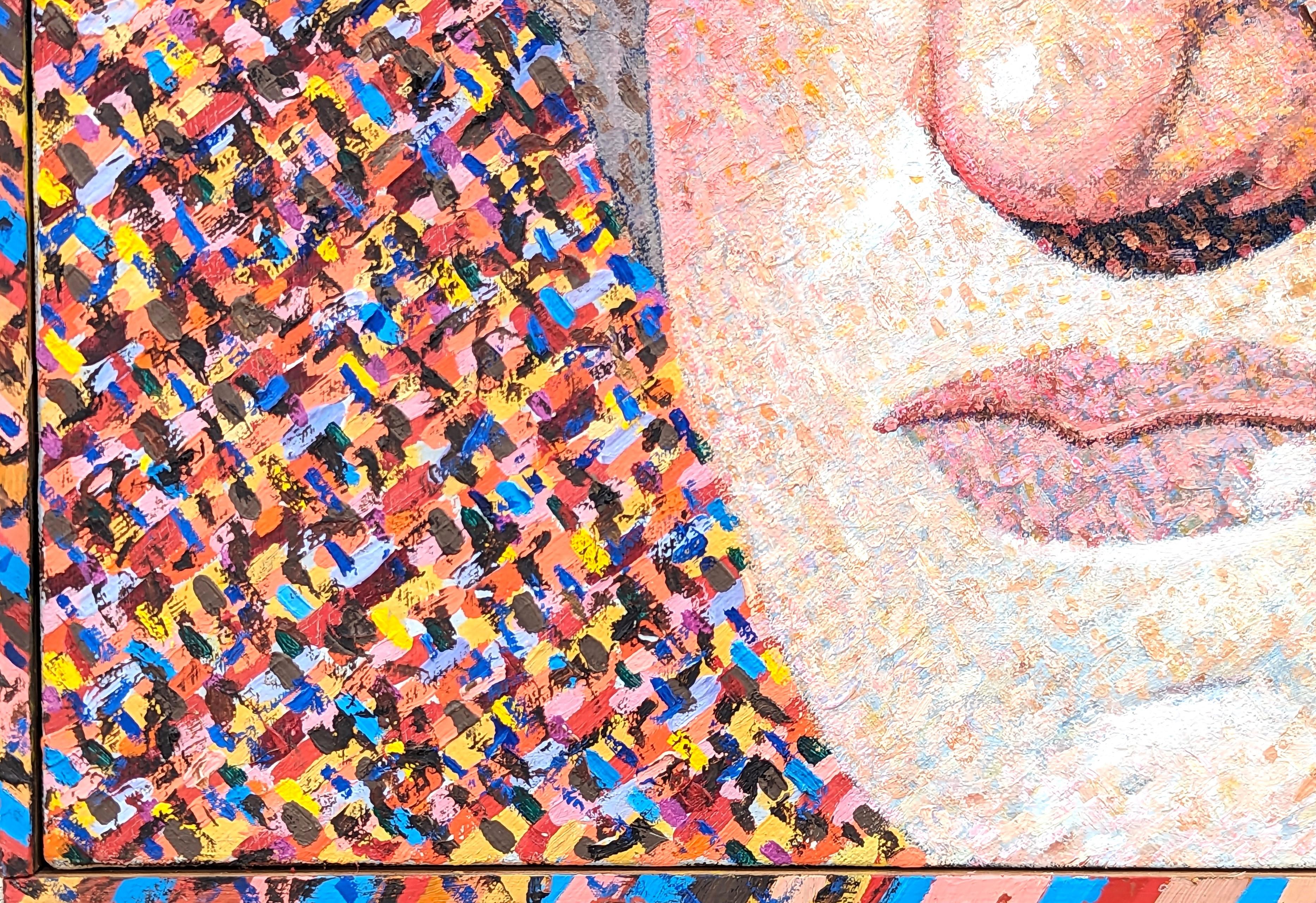 Ritratto moderno e colorato di Georges Washington realizzato dall'artista texano Clark Fox. L'opera presenta un'intricata rappresentazione dell'ex presidente utilizzando il puntinismo, la pratica di applicare piccoli tratti o punti di colore a una