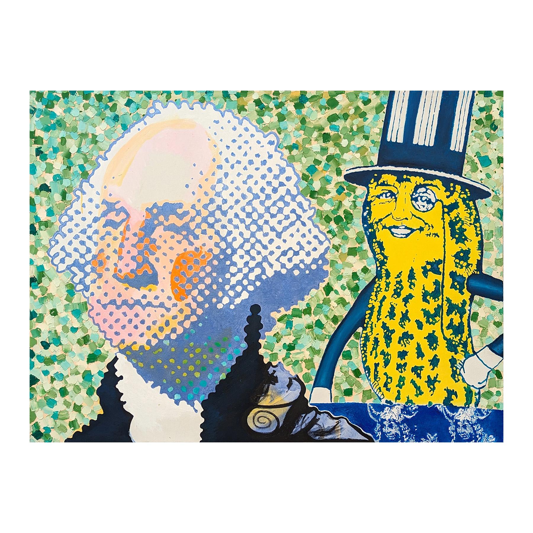 Contemporary pop culture inspired painting by Texas born artist Clark Fox. The work features a screen print inspired portrait of George Washington, Mr. Peanut, and a dual portrait of a Native American set against a blue and green dotted background.