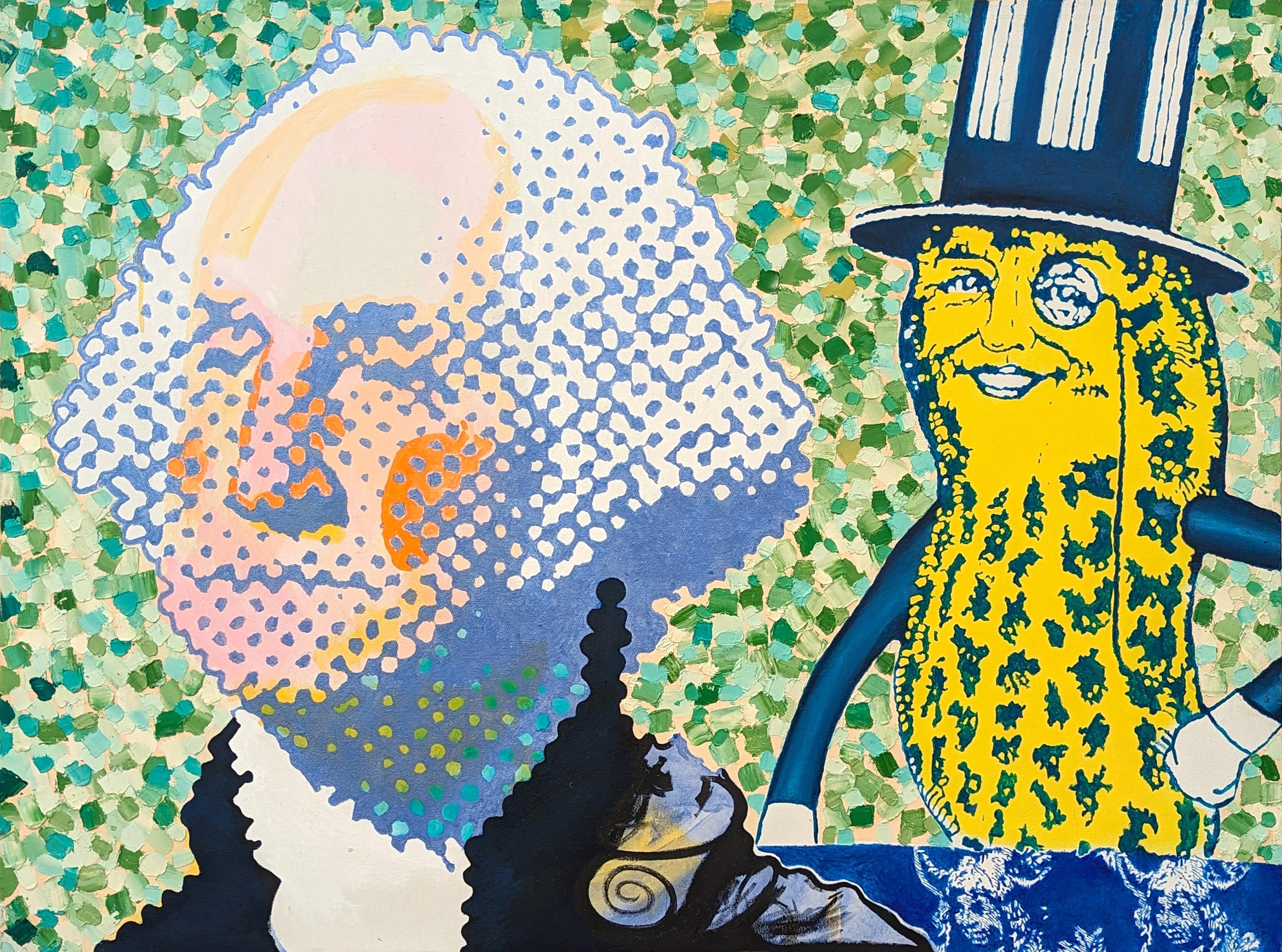 Clark V. Fox Portrait Painting - "Mr. Peanut , George, and Double Native" Contemporary Pop Culture Painting