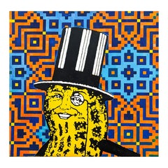 "M. Peanut en Perse (Isfahan)" Peinture contemporaine bleue et orange de la culture pop.