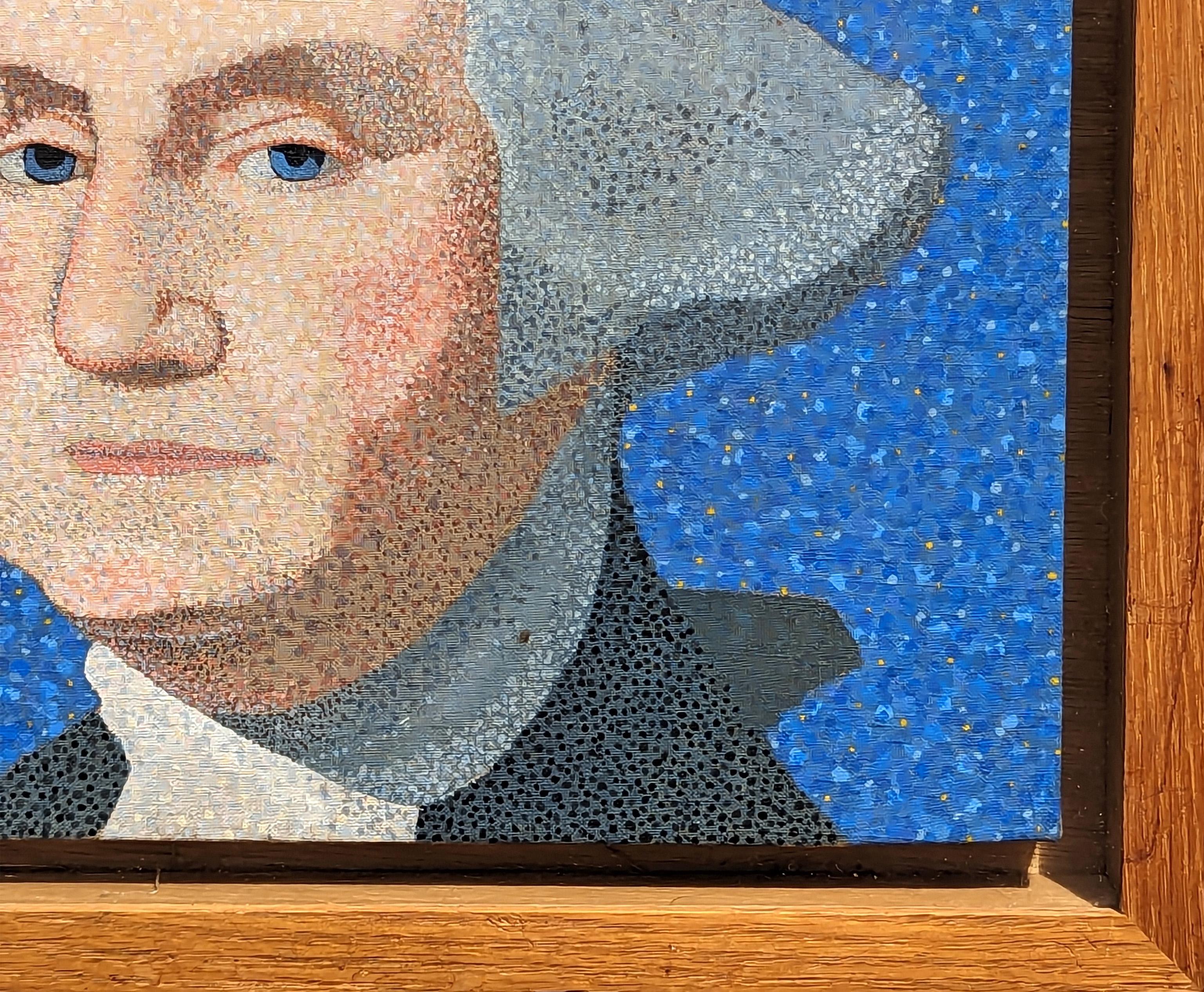 Portrait moderne de George Washington par l'artiste Clark Fox, né au Texas. L'œuvre présente une représentation complexe de l'ancien président en utilisant le pointillisme, une pratique qui consiste à appliquer de petites touches ou des points de