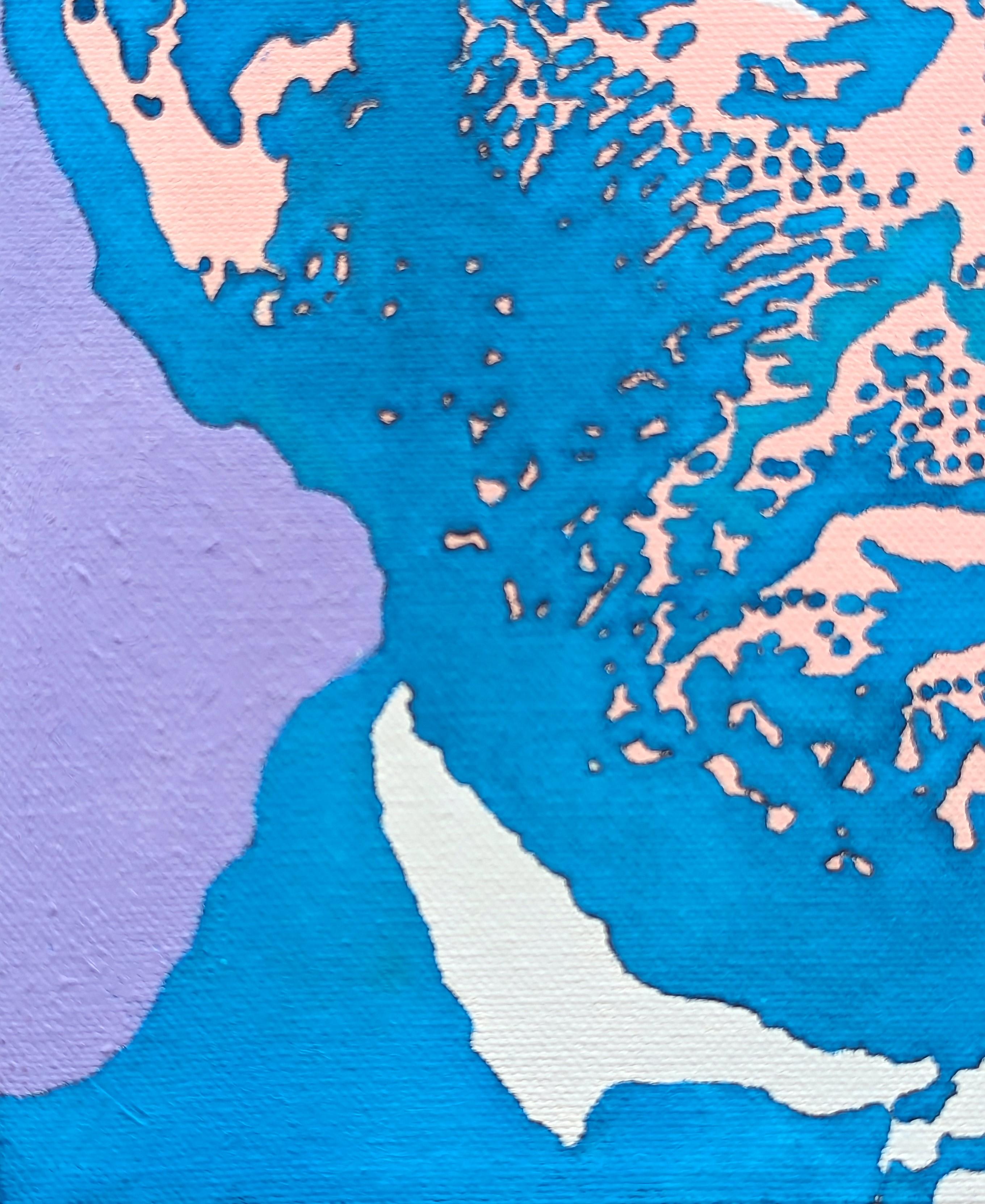 Moderno retrato en tonos rosas y azules de Abraham Lincoln, obra del artista Clark Fox, nacido en Texas. La obra presenta una intrincada representación del ex presidente que imita el aspecto de la serigrafía. Actualmente sin enmarcar, pero hay