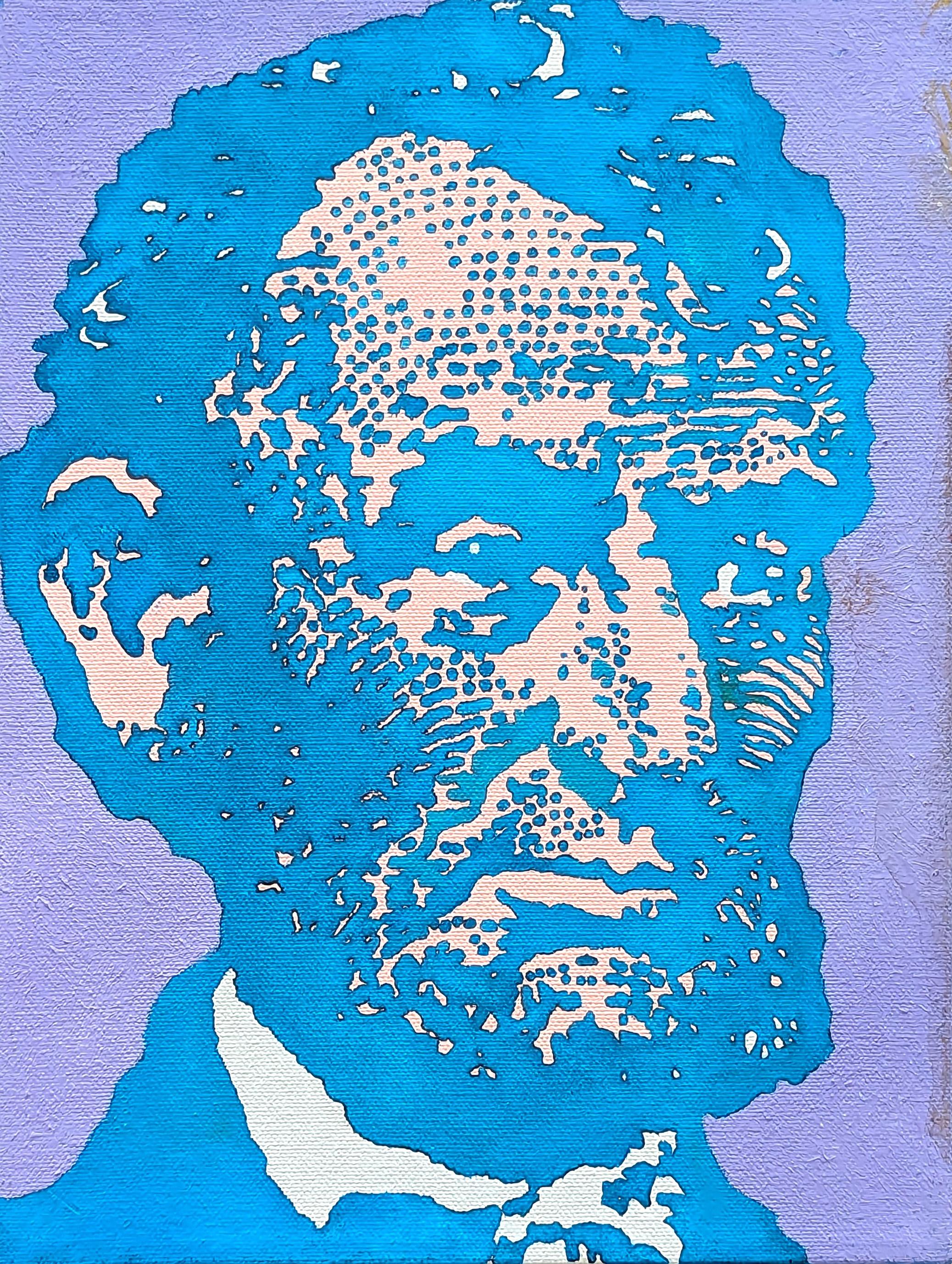 Clark V. Fox Portrait Painting - "Pink Lincoln" Modern Pink and Blue Toned Figurative Presidential Portrait 