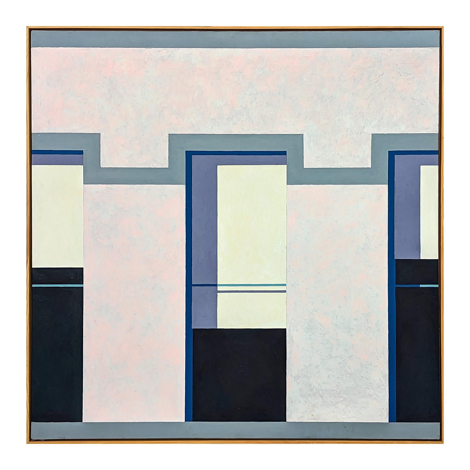 Modern pastel pink and yellow toned landscape painting by Texas born artist Clark Fox. The work features a clean-lined, geometric rendering of an architectural façade in shadow. Currently hung in a light wood floating frame. 

Dimensions Without