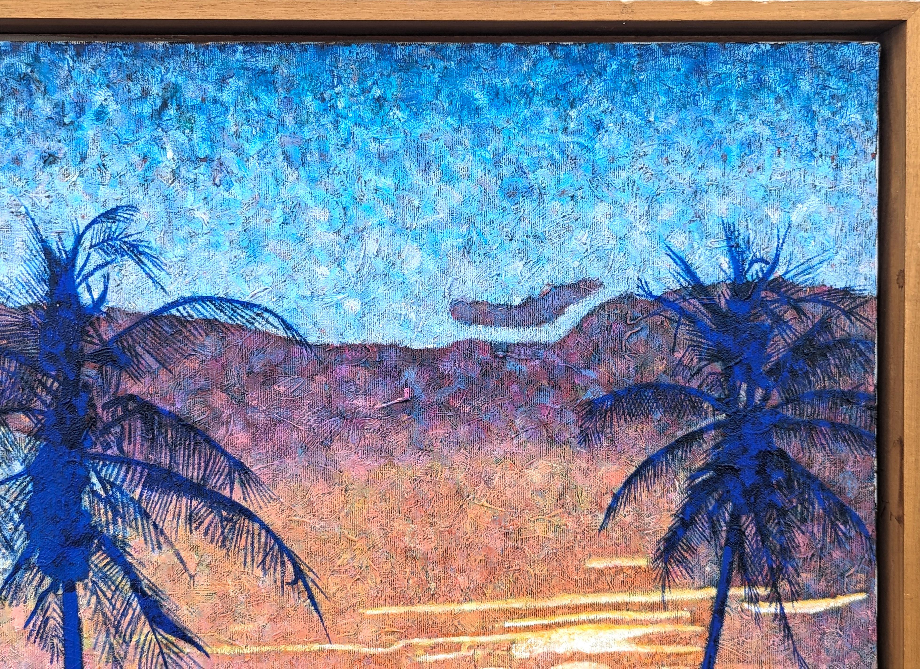 Peinture moderne de paysage tropical aux tons bleus de l'artiste Clark Fox, né au Texas. L'œuvre présente une représentation abstraite d'un coucher de soleil derrière des palmiers en utilisant le pointillisme, une pratique qui consiste à appliquer