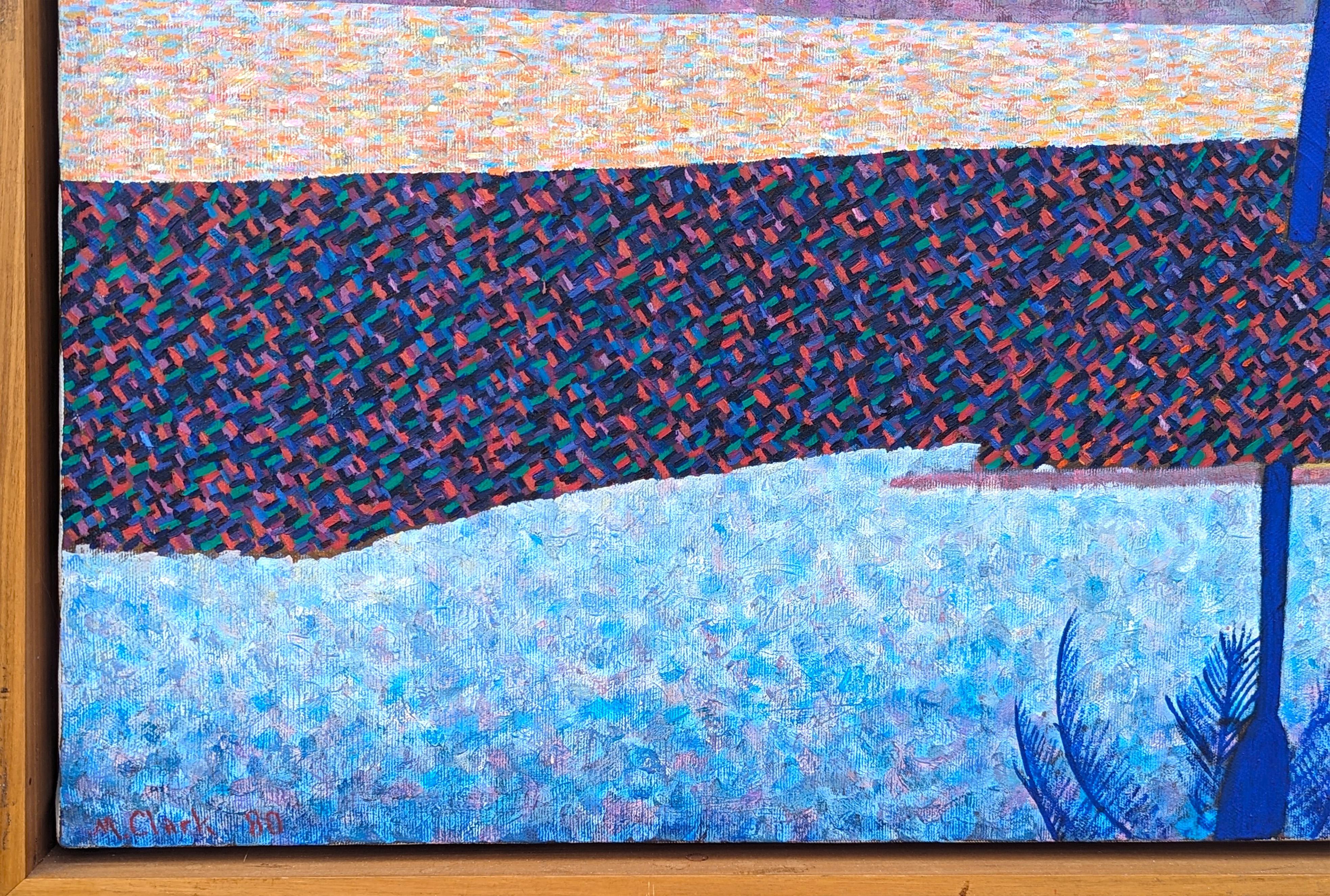 Modern blue toned tropical landscape painting by Texas born artist Clark Fox. The work features an abstract depiction of a sunset behind palm trees using pointillism, the practice of applying small strokes or dots of color to a surface so that from