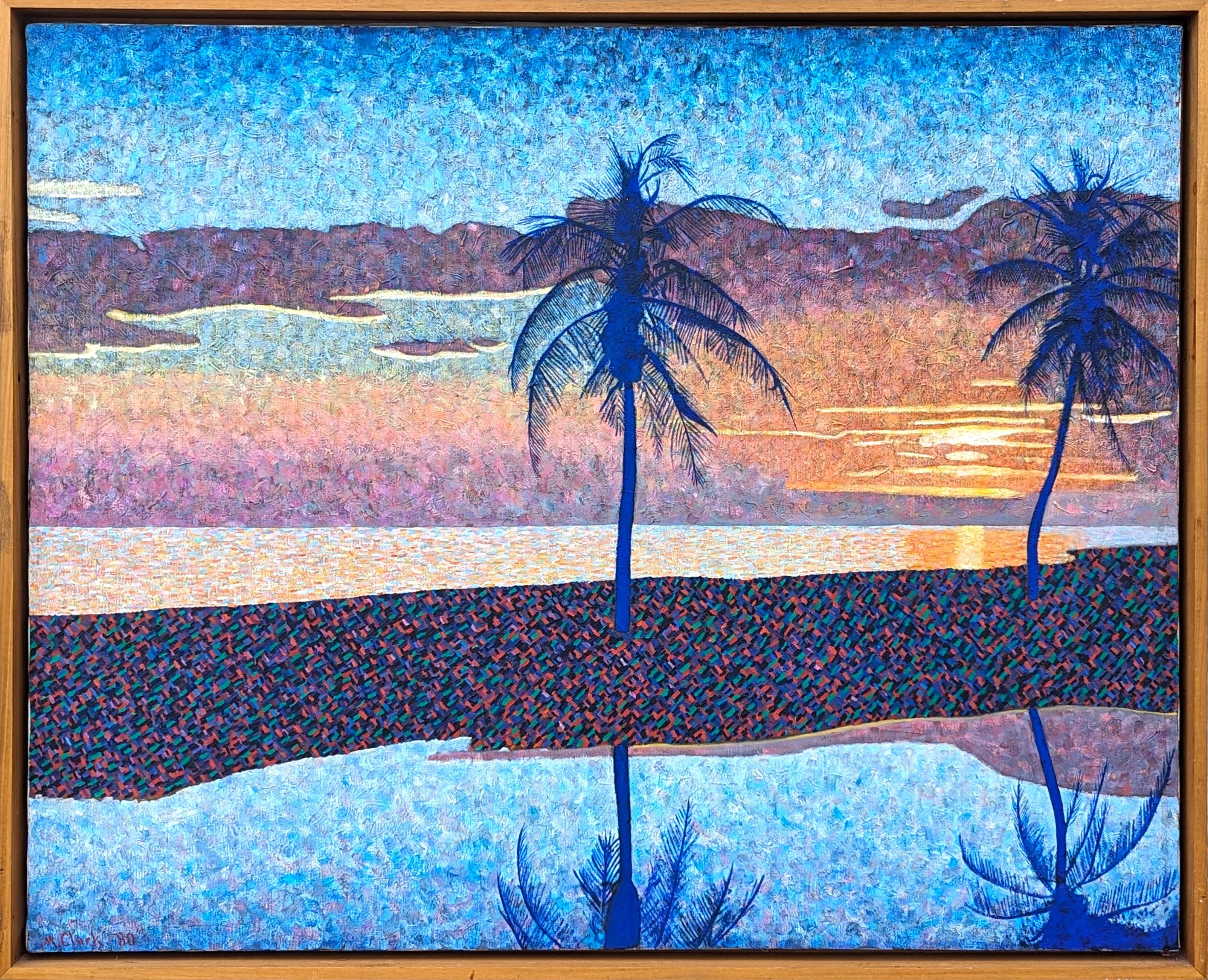 Clark V. Fox Landscape Painting - "Sunset with Palm Trees" Modern Blue Toned Pointillist Tropical Landscape