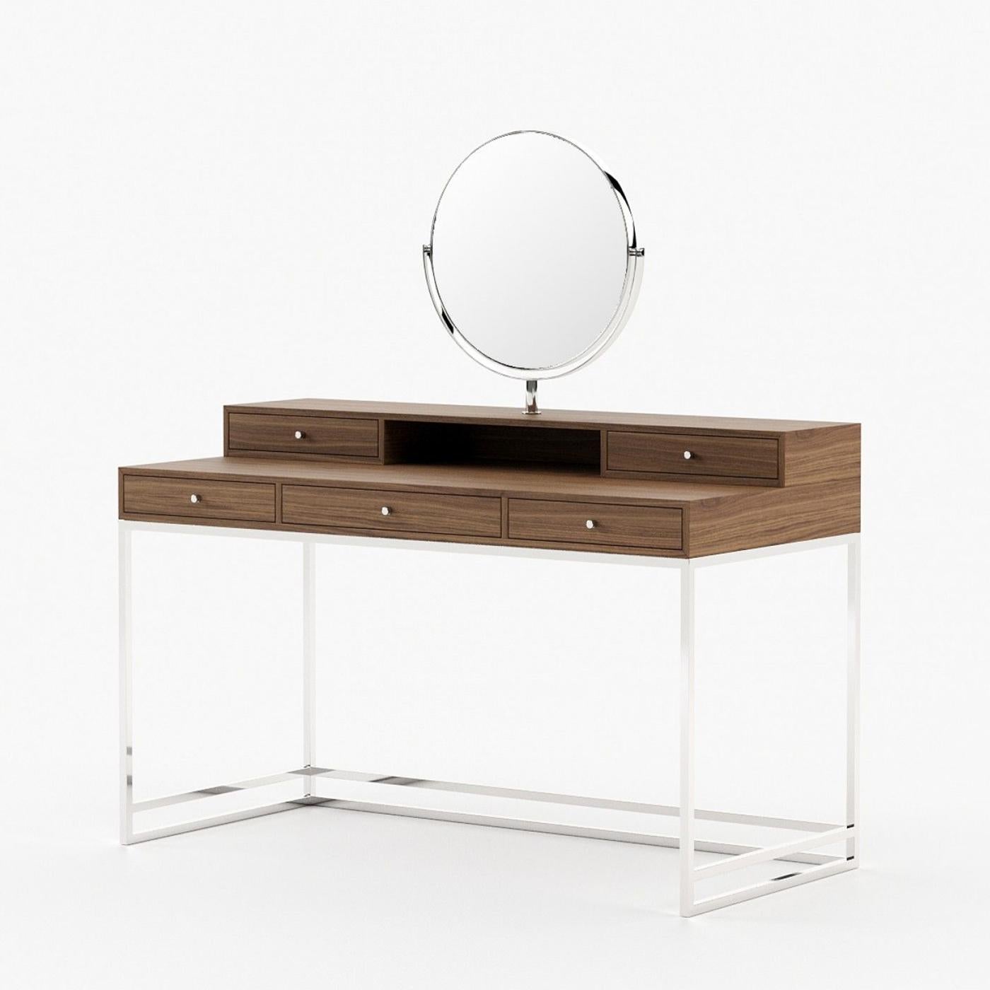 Dressing Table Clark Walnut with walnut wood vennered top with
5 drawers, with easy glide system, with a removable round mirror
with mirror glass, diameter 60cm. Mirror frame in polished stainless
steel finish. With base in polished stainless